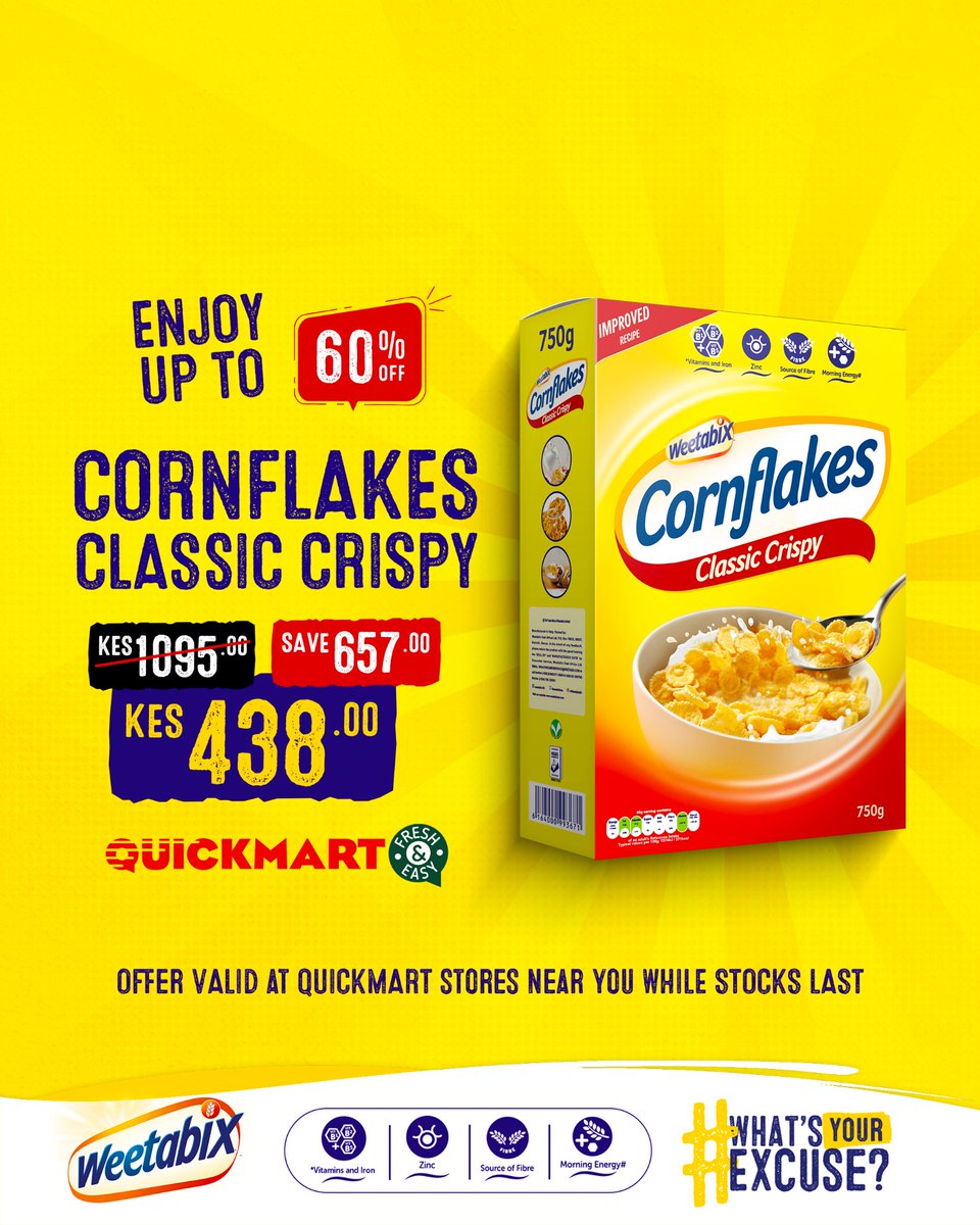 Weetabix East Africa (@weetabixea) on Twitter photo Savour the crisp with Cornflakes Classic Crispy!
Now up to 60% OFF! Enjoy the timeless, crispy goodness – perfect for a satisfying breakfast or snack anytime!
Grab yours today at your nearest <a href="/QuickmartKenya/">Quickmart Kenya</a> store near you
#WhatsYourExcuse Savour the crisp with Cornflakes Classic Crispy!
Now up to 60% OFF! Enjoy the timeless, crispy goodness – perfect for a satisfying breakfast or snack anytime!
Grab yours today at your nearest <a href="/QuickmartKenya/">Quickmart Kenya</a> store near you
#WhatsYourExcuse