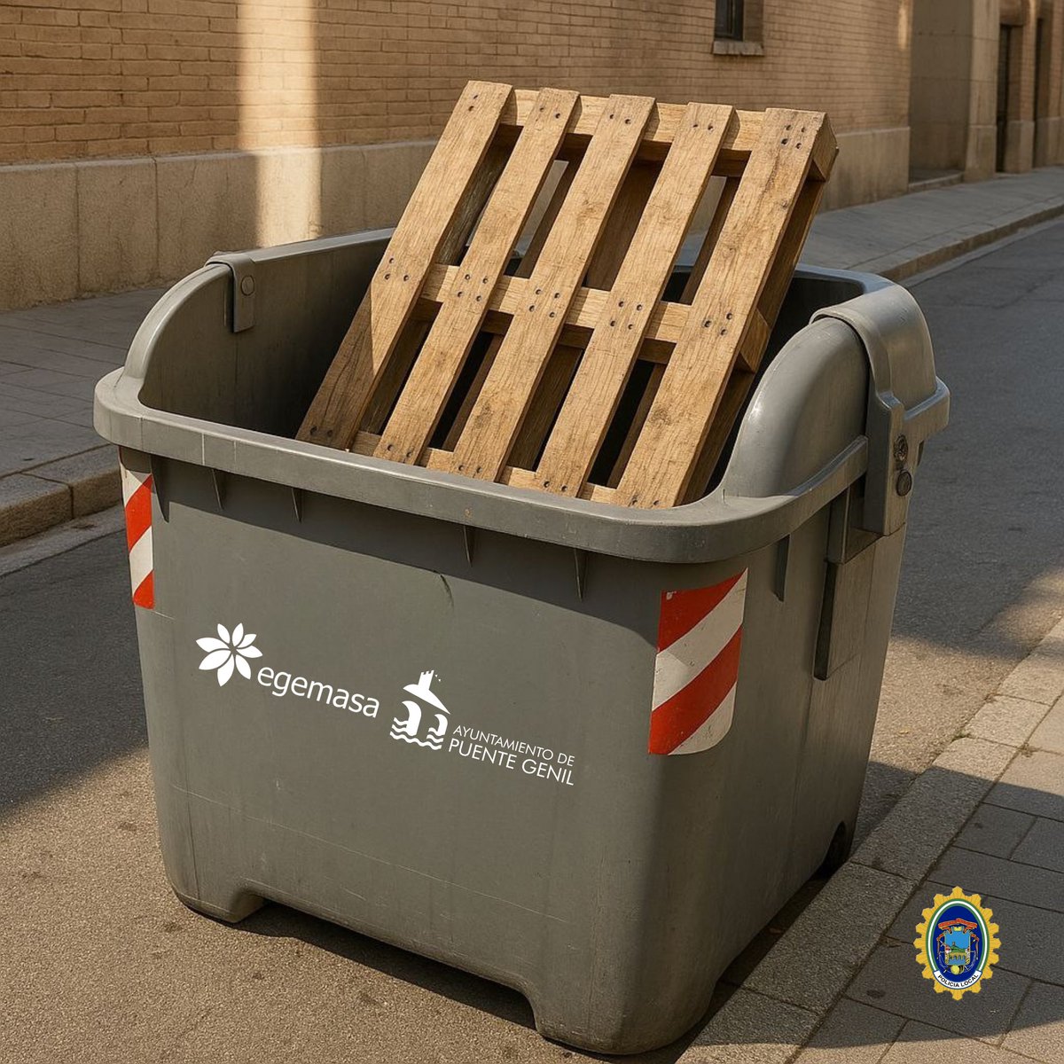 📢 A requerimiento de <a href="/Egemasa/">Egemasa</a>, intervenimos por un palé depositado en un contenedor de R.S.U. Localizada la persona responsable, fue apercibida.

👉 Recuerda: los palés no van al contenedor.
♻️ Cuidar el entorno es tarea de todos.

#ResponsabilidadCiudadana