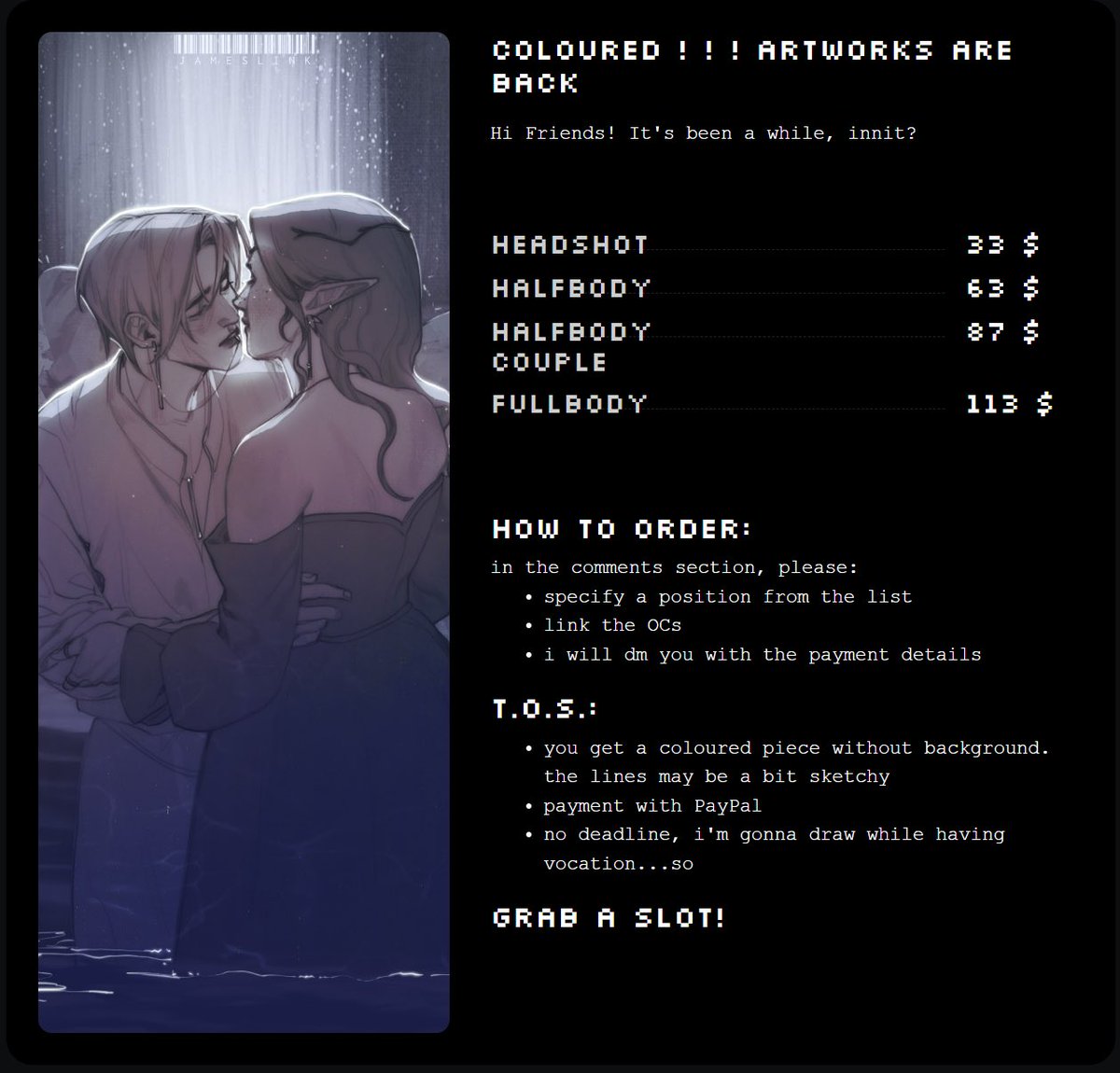 LETS TRY
Haven’t posted here in a long while, but 

I’m so in need of money and so excited to draw for people! 💔

You may also dm