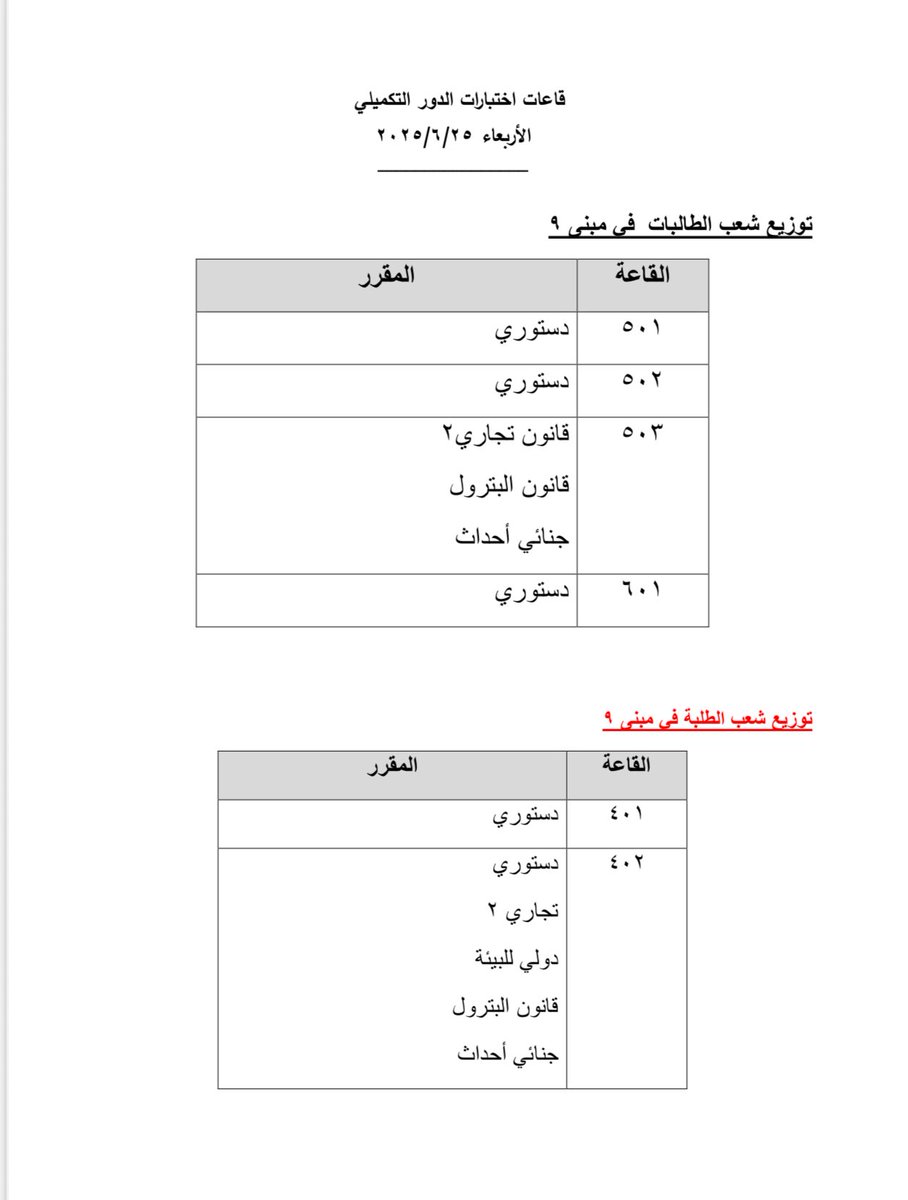 توزيع قاعات اختبار اختيار يوم الاربعاء