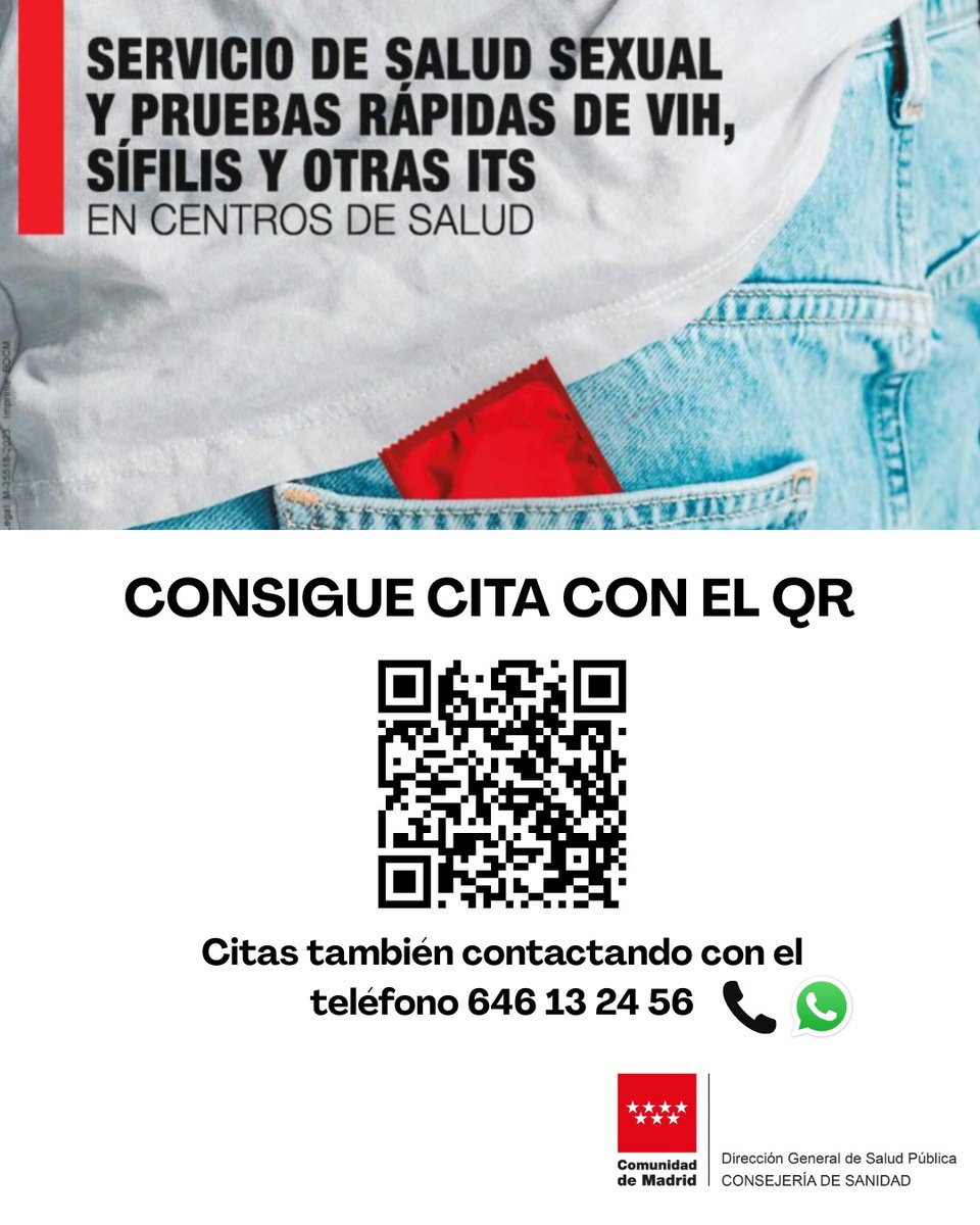 Nuestro equipo que desarrolla el Servicio de Salud Sexual y pruebas rápidas de VIH, sifilis y otras ITS de la Comunidad de Madrid difunde las distintas formas de acceso a dicho servicio:

❗️Código QR
❗️Teléfono de contacto 646 13 24 56
 (WhatsApp y llamadas)

#SaludSexual