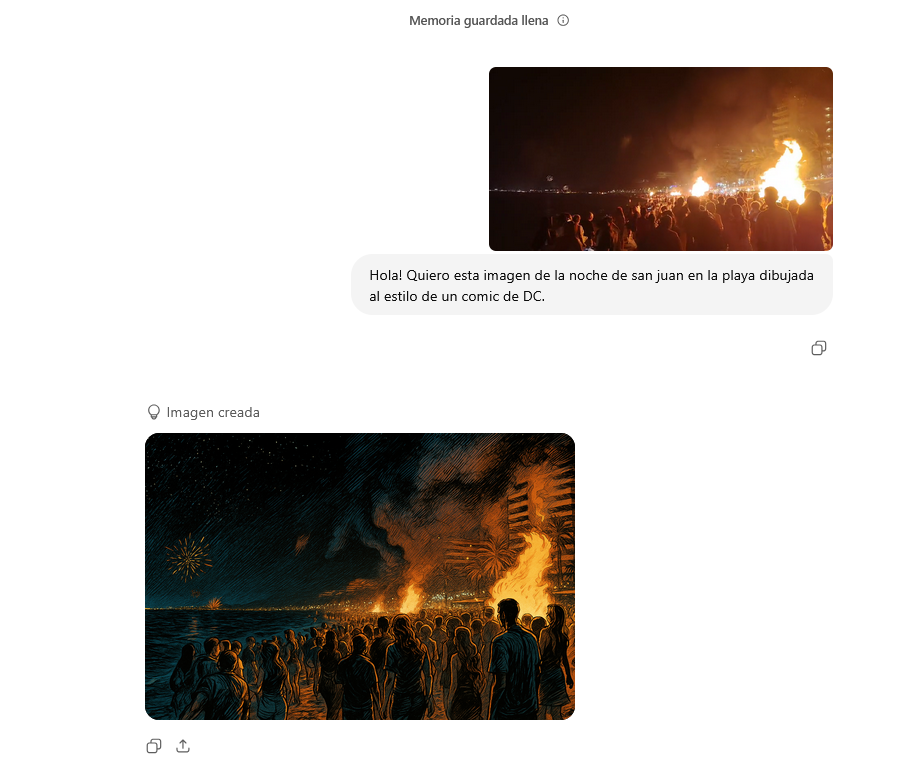 DinamicDatAI's tweet photo. Una vez que tengo mi imagen guardada en el PC podemos usar nuestra I.A Favorita o no tan favorita de imágenes. En mi caso usé ChatGPT y le escribí este sencillo prompt informal:

"Quiero esta imagen de la noche de san juan en la playa dibujada al estilo de un comic de DC." https://t.co/XkcJBDF1re