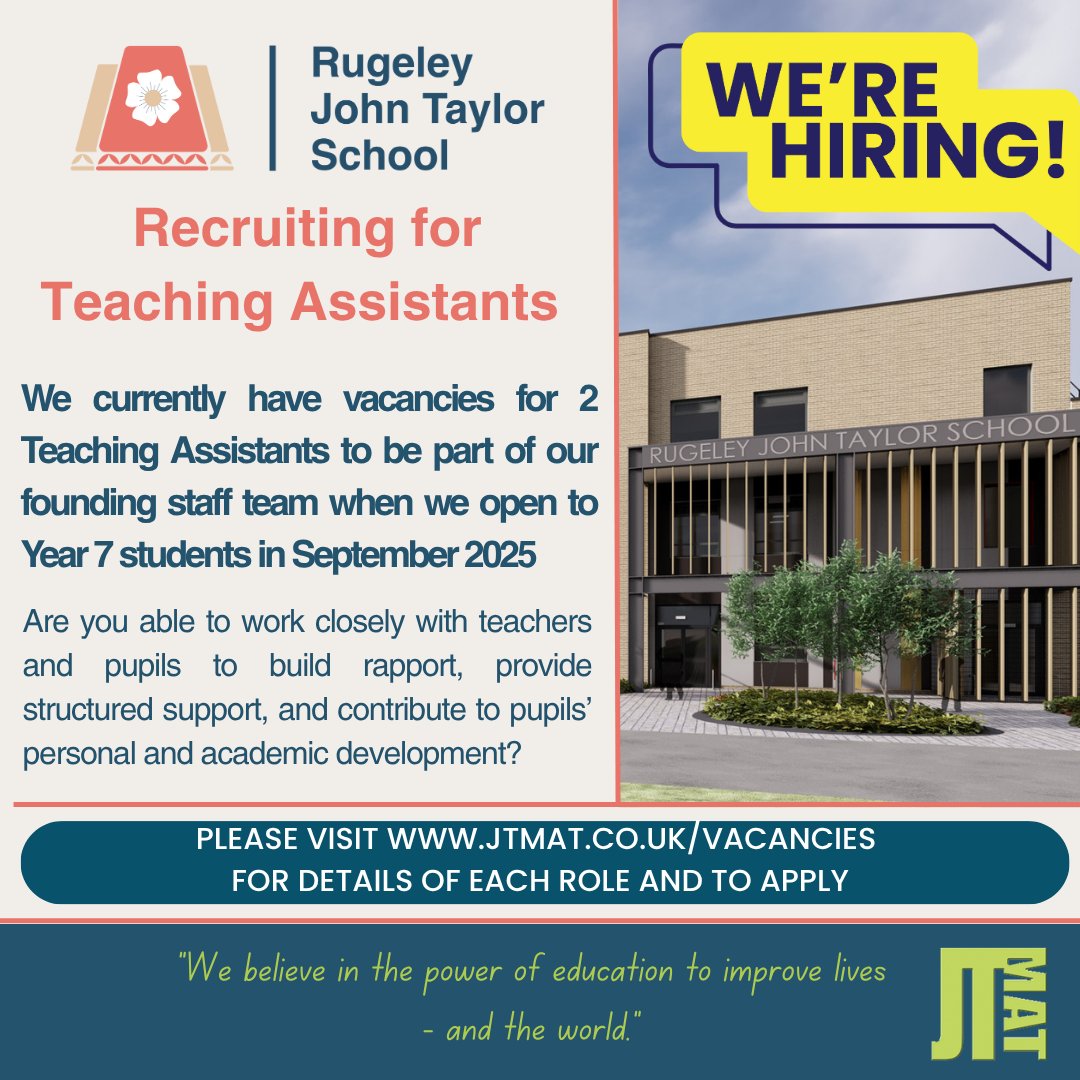 We are currently looking to recruit 2 Teaching Assistants to join our founding staff team, when our new school opens in September.
Applications for both roles close on Wednesday 2nd July at midday.
For full details of the roles and to apply please visit: jtmat.co.uk/vacancies/
