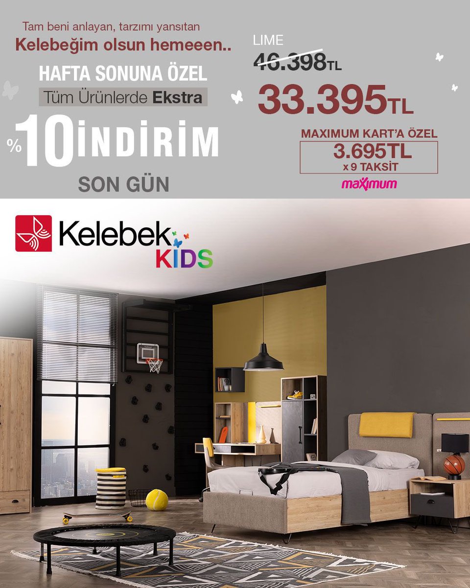 Kelebeğim Olsun Hemeeen! 🦋

En Sevilen Kelebek Kids ürünlerinde hafta sonuna özel ekstra %10 indirim fırsatı Kelebek mağazaları ve kelebek.com 'da sizi bekliyor. 🛋️🛍️

Üstelik Maximum Kart'a özel 9 taksit seçeneği ile. Bu fırsat kaçmaz!

#Kelebek #KelebekMobilya