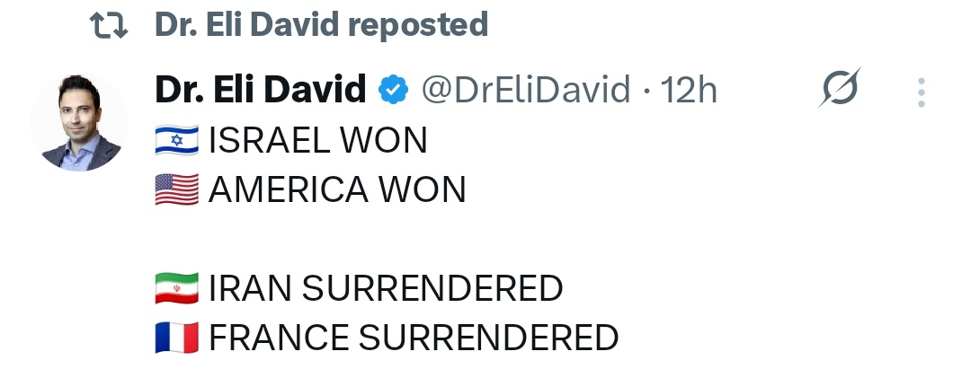 Zuhayb_'s tweet photo. Look at the propganda machine..... Such a humilation for israel and @DrEliDavid . He tries to fool world who as if world doesnt knw who initiated ceasefire ! Moron

#Iran #Irandominates #OurLeaderKhamenei #IranIsrael https://t.co/aBTwKJNeCK