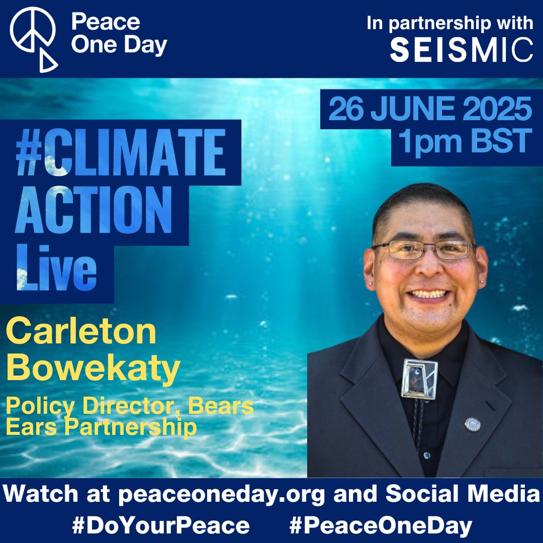 Peace One Day is proud to announce that Carleton Bowekaty, Policy Director, Bears Ears Partnership, will be participating in #ClimateActionLive, broadcasting on the 26th of June.
 
Follow our social media for announcements and visit peaceoneday.org to watch the live