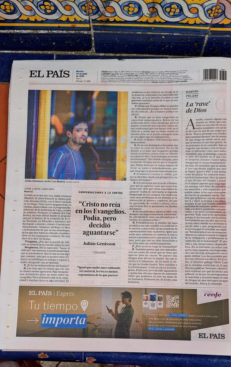 Jaime Lorite (@jaimelorite_) on Twitter photo Sale hoy en la contraportada de <a href="/el_pais/">EL PAÍS</a> esta gozada de charla que tuve con Julián Génisson (<a href="/Canodrama/">Julián Génisson</a>), a cuenta de su fundamental 'Deshacer el ridículo: Tratado sobre la risa' (<a href="/LaCajaBooks/">La Caja Books</a>).
Aquí la versión web, un poquito más larga: elpais.com/cultura/2025-0… Sale hoy en la contraportada de <a href="/el_pais/">EL PAÍS</a> esta gozada de charla que tuve con Julián Génisson (<a href="/Canodrama/">Julián Génisson</a>), a cuenta de su fundamental 'Deshacer el ridículo: Tratado sobre la risa' (<a href="/LaCajaBooks/">La Caja Books</a>).
Aquí la versión web, un poquito más larga: elpais.com/cultura/2025-0…