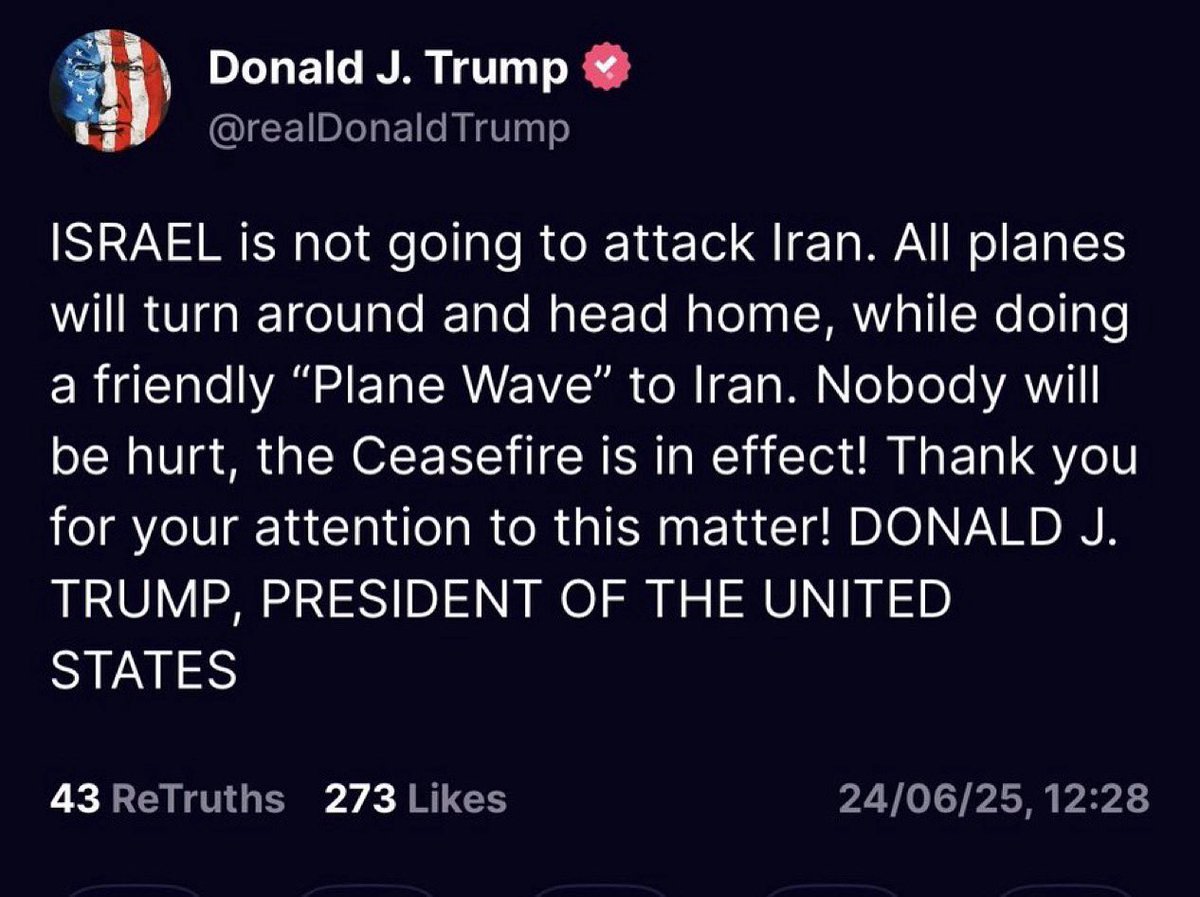 HilzFuld's tweet photo. I have no intention of debating anyone on this. I’m going to state my opinion. You can accept it or not. 

This post by the president of the United States is a disgrace and it is blood boiling.

Having said that, reports now say that Netanyahu has agreed to a symbolic retaliation, a single target. 

In my humble opinion, that is idiotic and accomplishes nothing.

Either retaliate or don’t.

If we’re going to retaliate, it will anger Trump, and so be it. 

If we don’t retaliate, it will anger millions of Israelis, not to mention the families who paid the ultimate price.

In my opinion, not retaliating and waiting to see what Iran does next is unfortunately our best option. 

It’s a terrible option but it’s the best one we have for now.

Of course my disappointment from Donald Trump is immense.

This terrible decision by Trump does not negate everything he has done for us in the pas. That being said, this is not the way a friend behaves. 

I would not want to be in Bibi’s shoes right now.