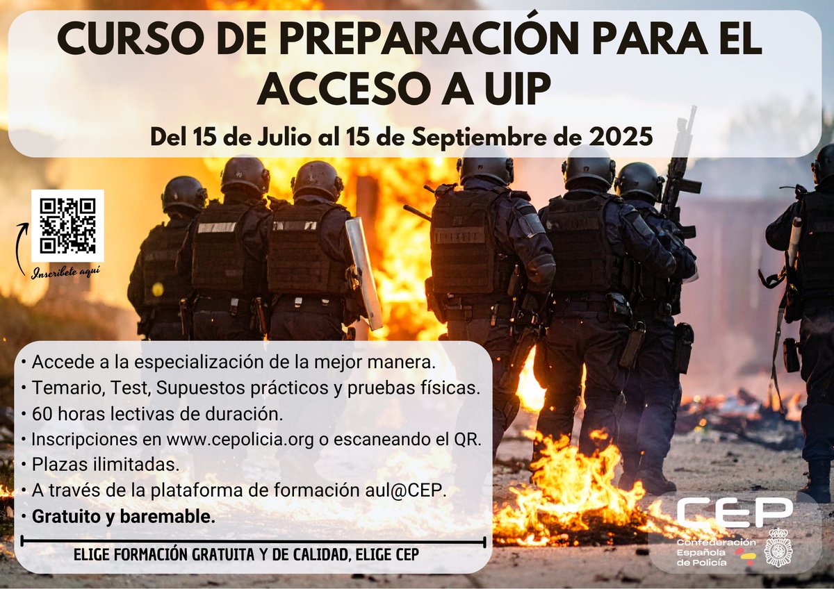 🎯 ¿Preparando tu ingreso en la UIP o Subsuelo?
Inscríbete gratis en los nuevos cursos online (60h, baremables) de CEP.
Hasta el 13 de julio en  cepolicia.org
¡Con tutores especializados! La mejor formación policial? Solo en <a href="/cep_cepolicia/">CEP</a> 
#IngresoUIP #PolicíaNacional
