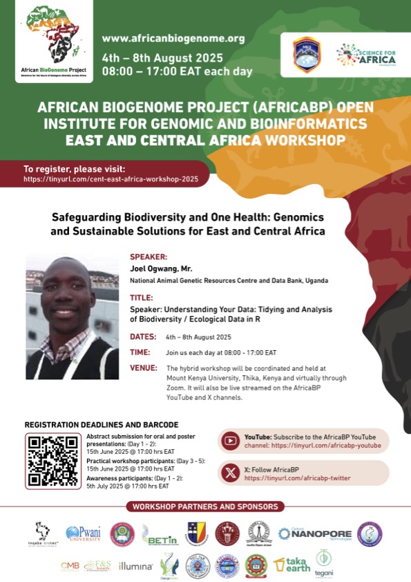 EA-Regional Workshop (@eaafricabp) on Twitter photo <a href="/ogwangj2/">Joel Ogwang</a> from <a href="/NAGRC_DB/">NATIONAL ANIMAL GENETIC RESOURCES CENTRE &DATABANK</a> will be organizing a practical workshop on Analysing ecological data using R in the incoming E.A <a href="/DAISEA_AfricaBP/">African BioGenome Project</a> at <a href="/MountKenyaUni/">MountKenyaUniversity</a>
Register via; lnkd.in/eZ9-3_ju
<a href="/AnneMuigai_Prof/">Prof Anne Muigai</a> <a href="/ogwangj2/">Joel Ogwang</a> from <a href="/NAGRC_DB/">NATIONAL ANIMAL GENETIC RESOURCES CENTRE &DATABANK</a> will be organizing a practical workshop on Analysing ecological data using R in the incoming E.A <a href="/DAISEA_AfricaBP/">African BioGenome Project</a> at <a href="/MountKenyaUni/">MountKenyaUniversity</a>
Register via; lnkd.in/eZ9-3_ju
<a href="/AnneMuigai_Prof/">Prof Anne Muigai</a>