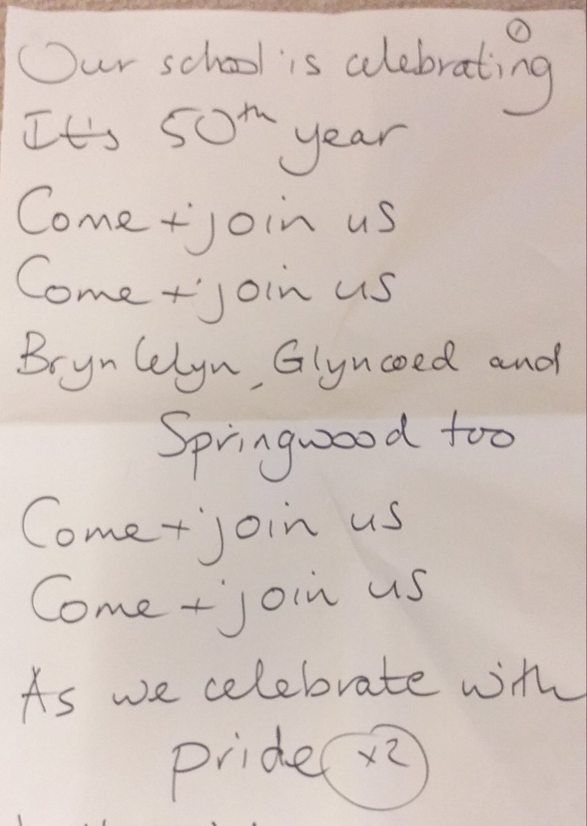 thesongwritingdoctor (@songwritingdoc) on Twitter photo Super day with Yr 4/5s collaborating across 3 schools, celebrating their 50th year anniversary! Fantastic creative session, so much covered in a short space of time, here's the 1st page of our celebration song lyric @edutwitter <a href="/glyncoedprm1/">Glyncoed Prm Cardiff</a> <a href="/BrynCelynPrm/">Bryn Celyn Primary School</a> <a href="/Springwood_Prm/">Springwood Primary School</a> Super day with Yr 4/5s collaborating across 3 schools, celebrating their 50th year anniversary! Fantastic creative session, so much covered in a short space of time, here's the 1st page of our celebration song lyric @edutwitter <a href="/glyncoedprm1/">Glyncoed Prm Cardiff</a> <a href="/BrynCelynPrm/">Bryn Celyn Primary School</a> <a href="/Springwood_Prm/">Springwood Primary School</a>