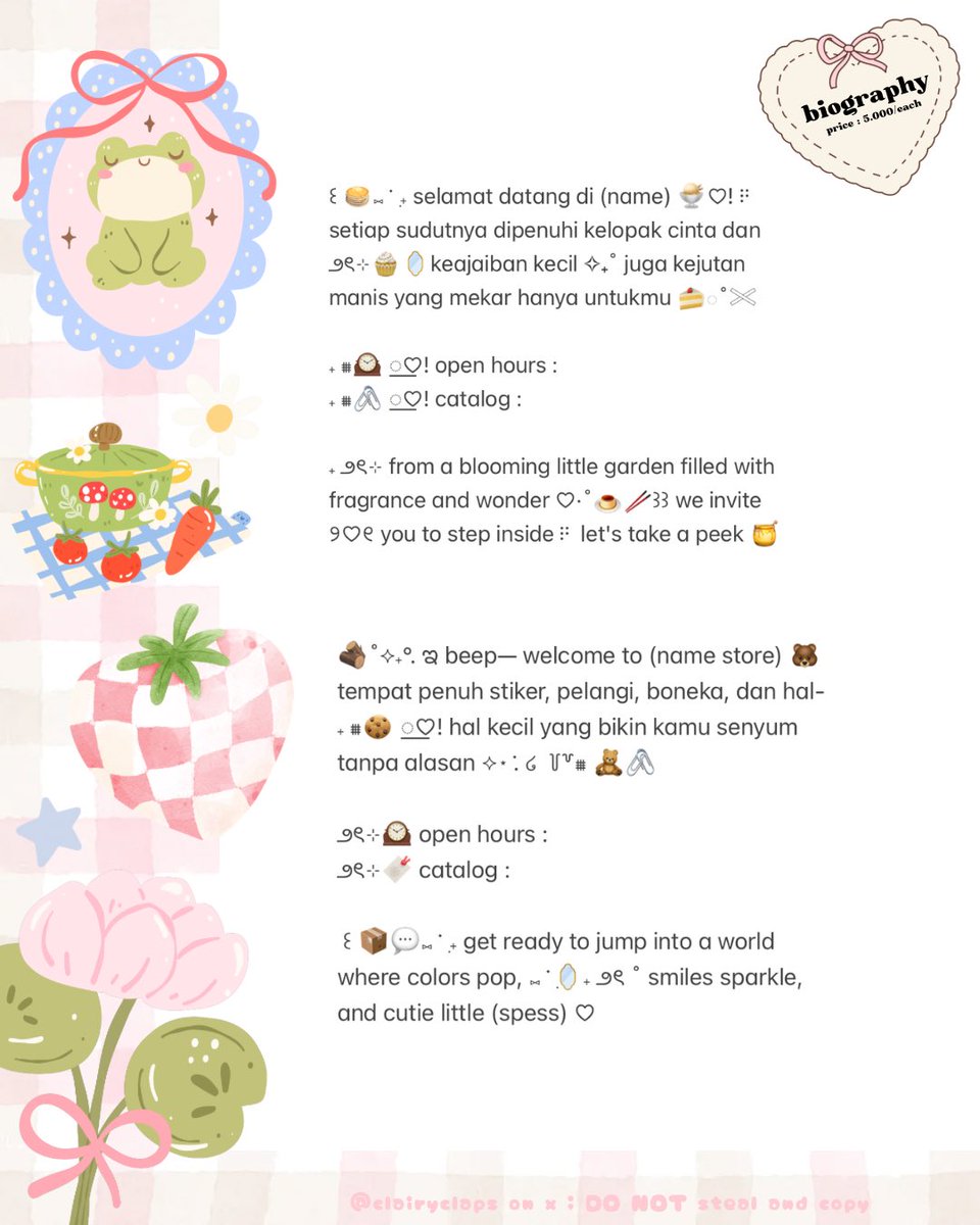 ₍^. .^₎Ⳋ help rt? thank you <3

HALOOO! aku membawa wording 𝗯𝗶𝗼 𝘄𝗮𝗯𝗶𝘀 dengan harga 5.000/each saja sudah bisa kamu bawa pulang lohh^^ more info check ALT <jangan lupa mt after dm> happy shopping! 💌💓

 #zonauang