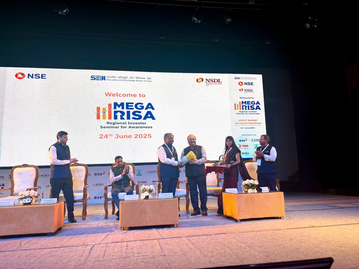 NSEIndia's tweet photo. In a significant initiative to promote investor awareness and protect the interest of the investors in the securities market, NSE and NSDL under the aegis of SEBI and along with other Market Infrastructure Institutions (MIIs) and AMFI organized Mega RISA (Regional Investor Seminar for Awareness) in Soorsadan Hall, Agra on 24th June 2025 which was attended by over 1000 participants.

The event was graced by the Chief Guest, Shri Kamlesh Chandra Varshney, WTM-SEBI; Guest of Honor, Shri Deepak Kumar, Commissioner of Police, Agra; Shri Ankit Sharma, CRO-NSE;  Shri Yash Gyanani, CRO-NSDL; Shri Tirthankar Patnaik, Chief Economist, NSE and other senior officials from SEBI and MIIs.

The event titled "Viksit Bharat ka Viksit Niveshak" focused on educating investors with credible knowledge on financial and securities market, fraud and scam prevention, enhancing investor awareness and protection. 

The seminar included a thought provoking panel discussion, an engaging informative financial quiz and a fun filled muppet show – all aimed at spreading financial literacy and investor awareness in an interactive way!

#NSE #NSEIndia #InvestorAwareness #MegaRISA #Event #Agra @DeepakKumarIPS2 @NSEIndia  @ashishchauhan
