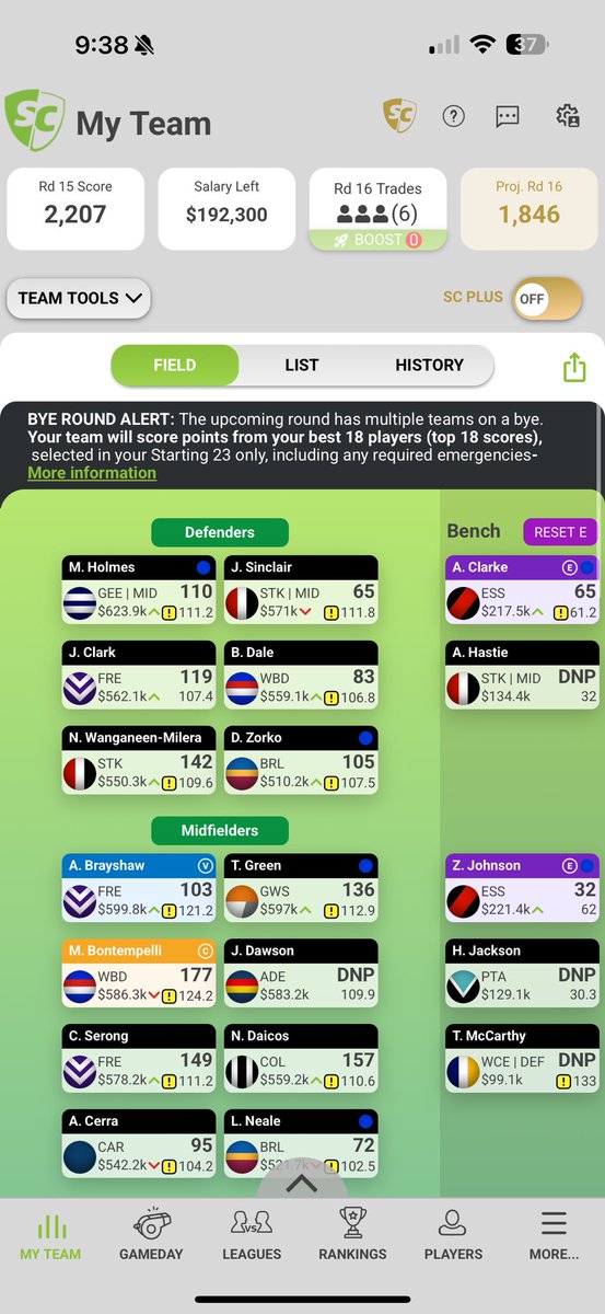 Connor_Pender's tweet photo. @Supercoach_DR @JanathFernando4 @Third_ManUp @SpillsSC @RossNicol12 Hey mate, this is the team. Looking to move either mckercher or Neale this week to fund my f5 and f6 while moving mccarthy to the flex. What are your thoughts on this or something alternative? https://t.co/Qi6i7Eg92m