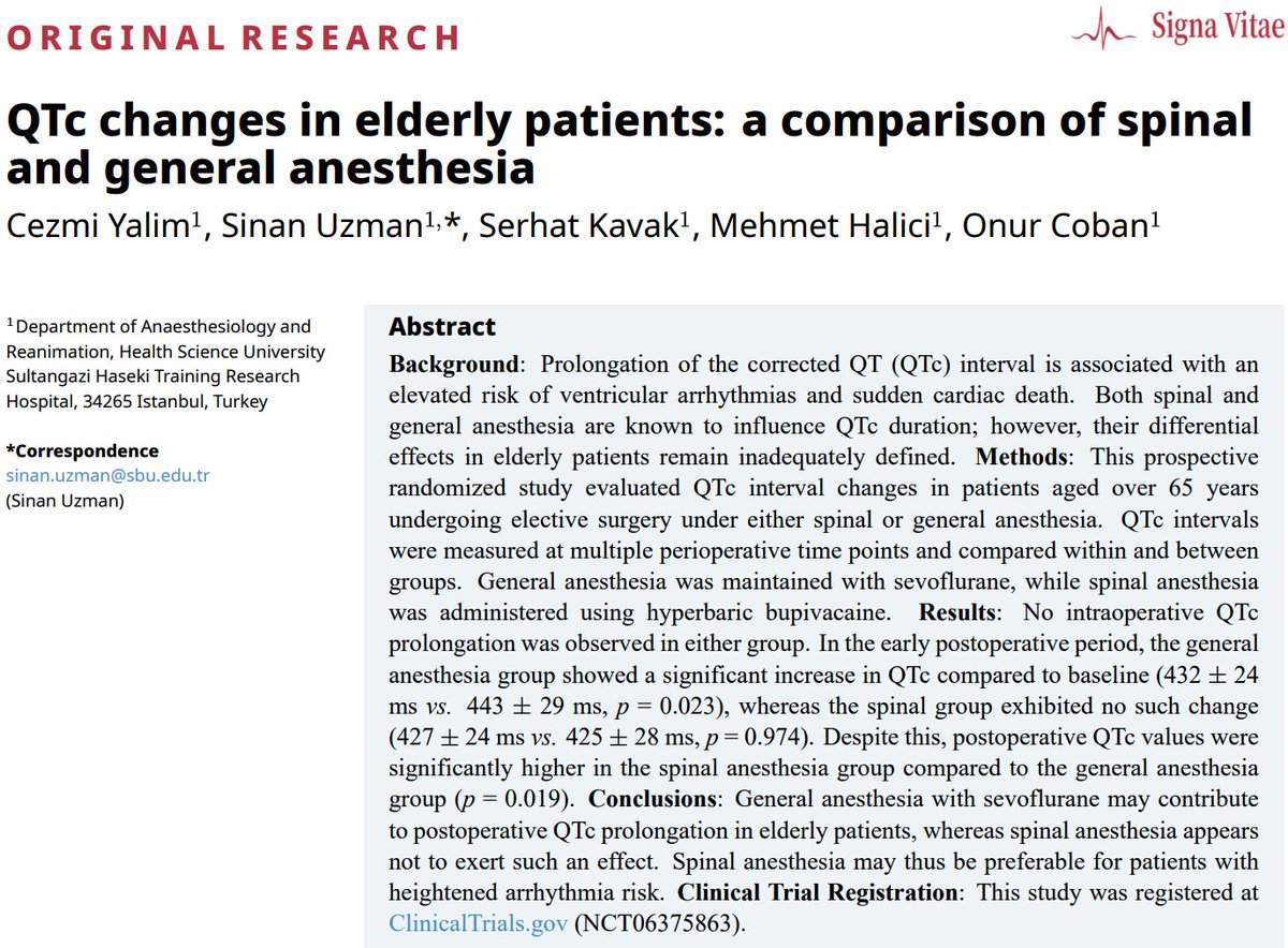 🧓 Anesthesia &amp; Arrhythmias in the Elderly 

💉Sevoflurane may prolong QTc post-op while spinal doesn’t

🫀For patients at high arrhythmic risk, spinal may be the safer bet

🔗signavitae.com/articles/10.22…

#SignaVitae #MedEd #Cardiology #anesthesia