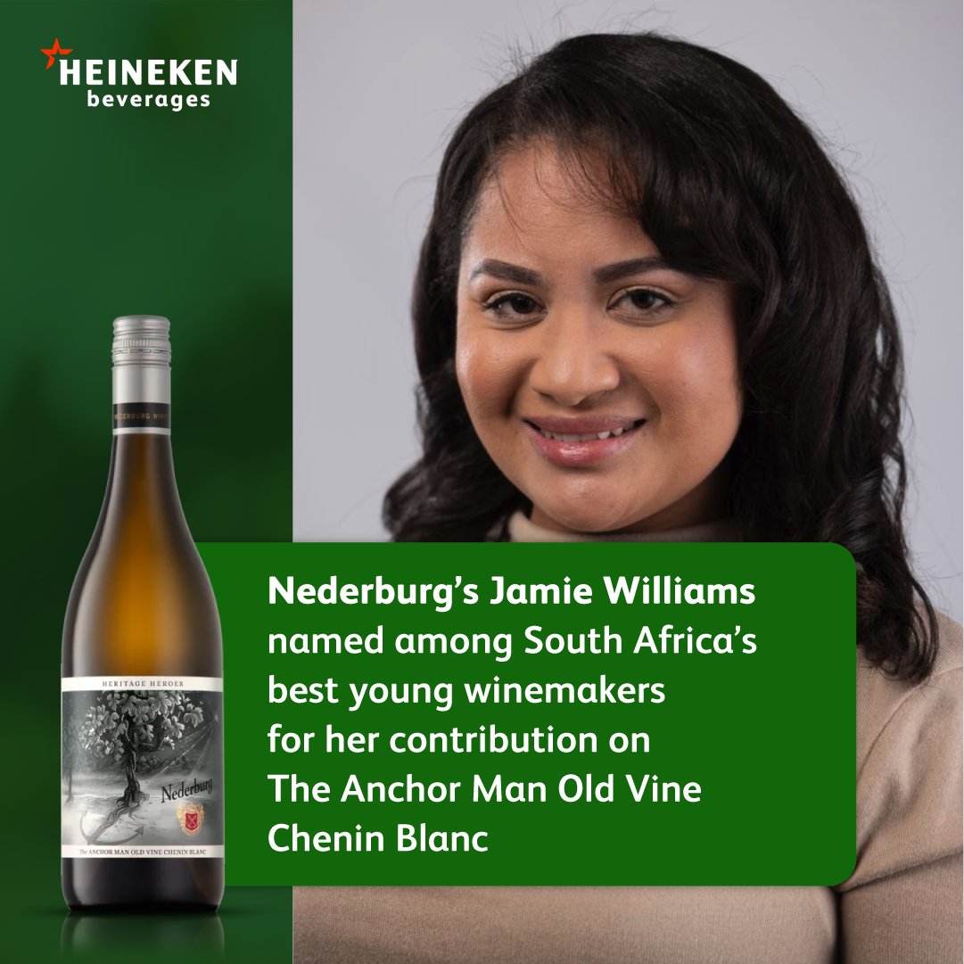HEINEKENBevs's tweet photo. HEINEKEN Beverages is raising a glass to Jamie Williams, head of White Wines at @Nederburg , who has just been named in the Top 3 of @Winemag’s Next Generation Awards for her work on The Anchorman Old Vine Chenin Blanc 2024.

Born and raised on the Cape Flats by her mother and late grandmother, Jamie’s journey from science student to award-winning winemaker is a story of resilience, passion and purpose.

Today she is leading teams, crafting bold wines and helping change the face of South African wine through talent and determination.

We are proud to be a platform that supports potential and backs talent with vision.

#WeAreHEINEKEN