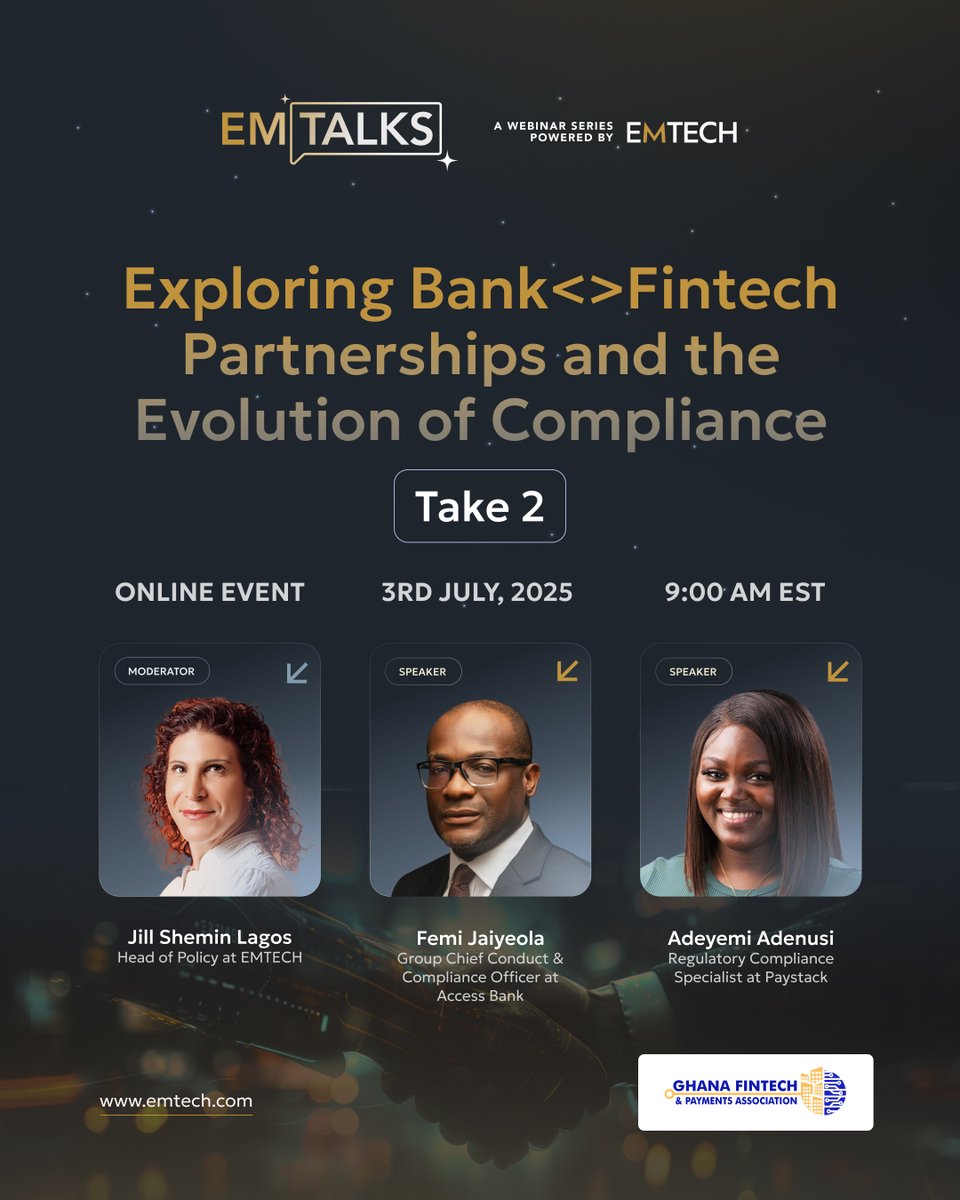 After a powerful opening session, we’re continuing the conversation on bank&lt;&gt;fintech partnerships with Take 2. This time, diving deeper into what it really takes to reduce compliance friction across markets.
July 3, 2025 | 9:00 AM EST
Speakers: Femi Jaiyeola – Access Bank PLC