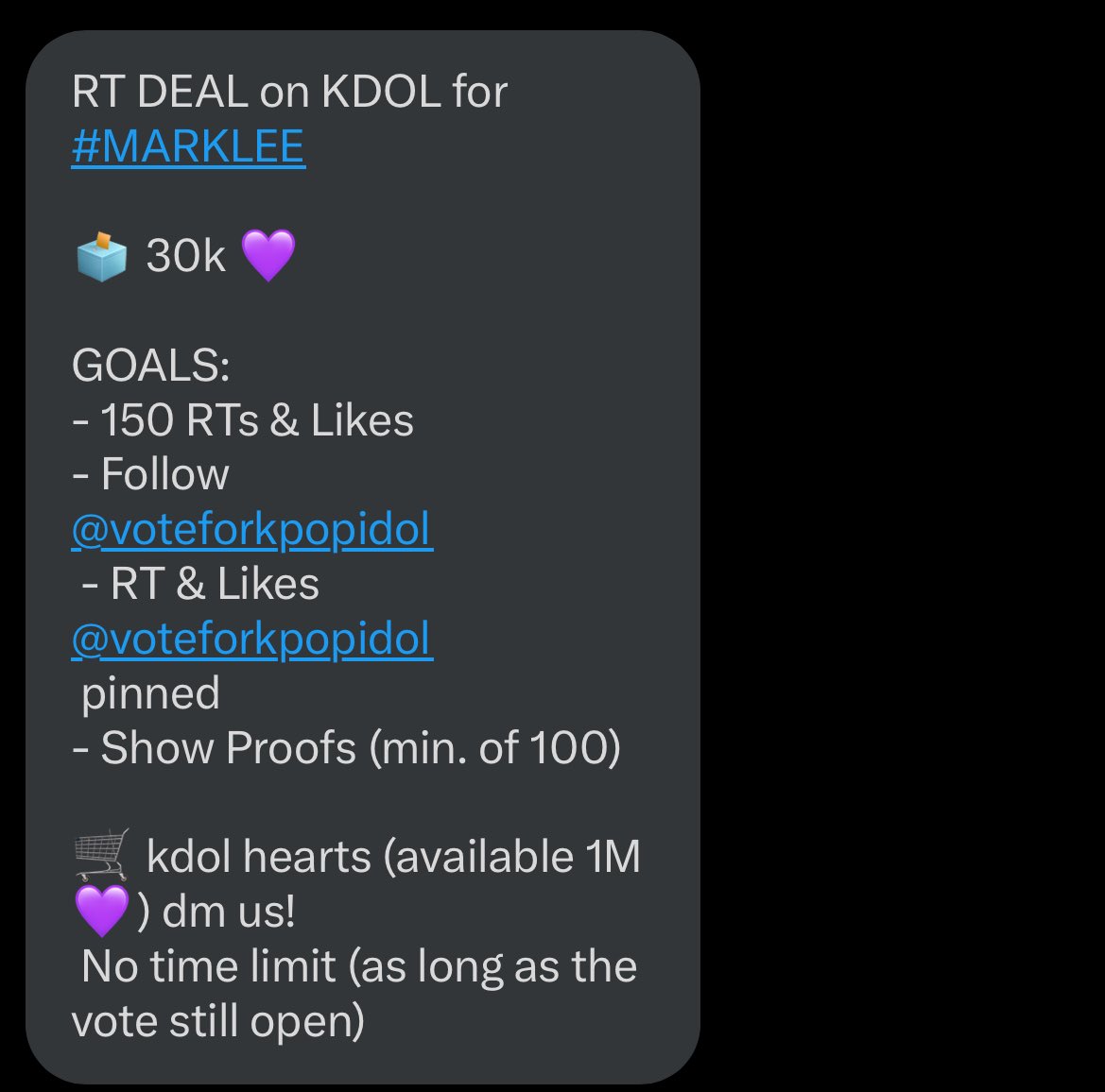 Riss #1st🫑 (@supal0nelyy_) on Twitter photo RT DEAL on KDOL for #MARKLEE
🗳️ 30k 💜
GOALS:
- 150 RTs & Likes
- Follow
<a href="/voteforkpopidol/">wts votes!</a>
- RT & Likes
<a href="/voteforkpopidol/">wts votes!</a>
pinned
- Show Proofs (min. of 100)
🛒 kdol hearts (available 1M 💜) dm us!
No time limit (as long as the vote still open)
#InfoVoteMark #MARK #마크 RT DEAL on KDOL for #MARKLEE
🗳️ 30k 💜
GOALS:
- 150 RTs & Likes
- Follow
<a href="/voteforkpopidol/">wts votes!</a>
- RT & Likes
<a href="/voteforkpopidol/">wts votes!</a>
pinned
- Show Proofs (min. of 100)
🛒 kdol hearts (available 1M 💜) dm us!
No time limit (as long as the vote still open)
#InfoVoteMark #MARK #마크