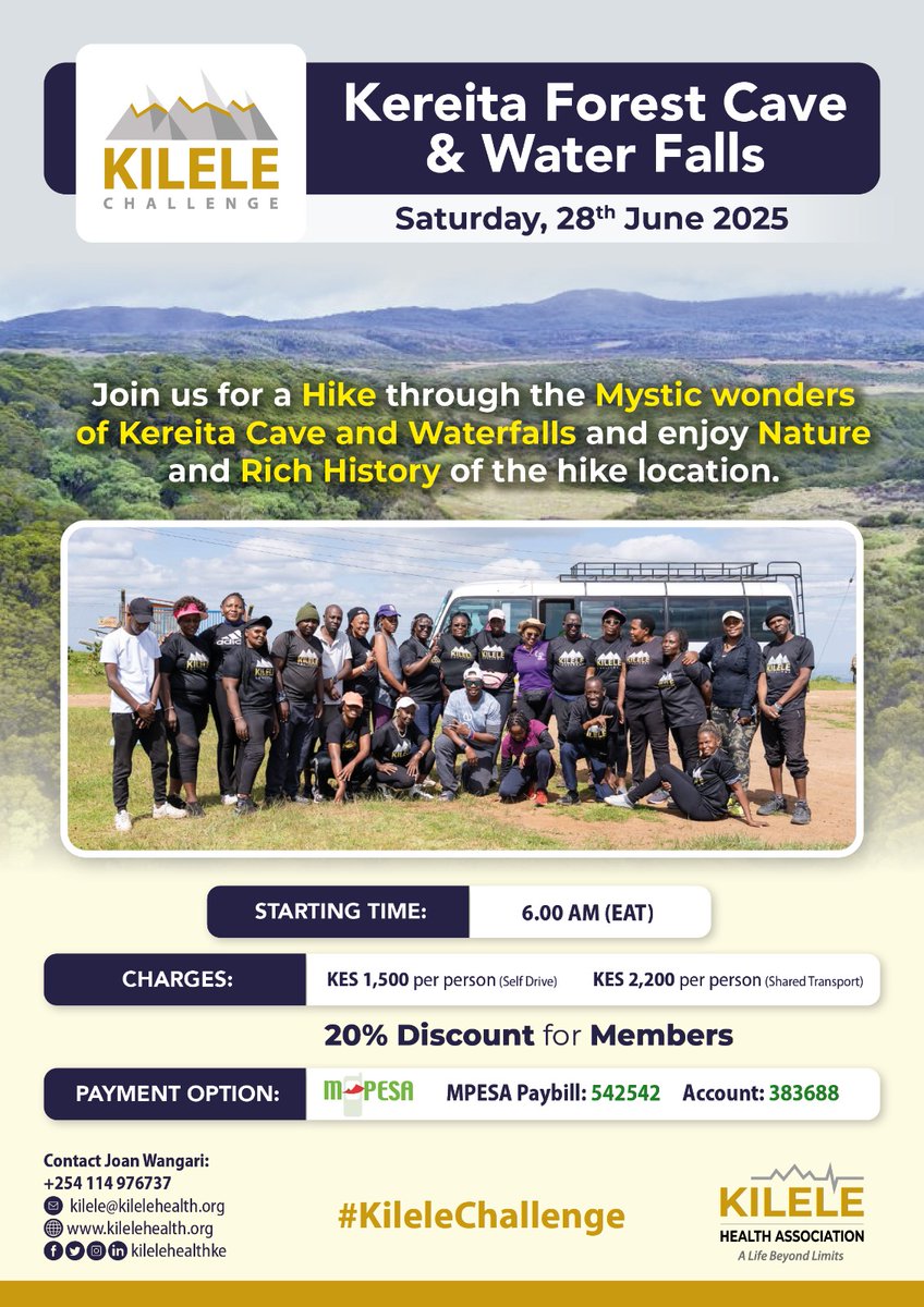 KILELE Health (@kilelehealthke) on Twitter photo After 3 epic hikes, #KileleChallenge hike isnโt slowing down! Youโve seen the energy. Now itโs YOUR turn to join us! On 28/06, we head to Kereita Forest Caves & Waterfalls. Cancer warriors, caregivers & allies โ come walk for purpose!
#UnitedByUnique
๐ kilelehealth.org/event/kilele-cโฆ After 3 epic hikes, #KileleChallenge hike isnโt slowing down! Youโve seen the energy. Now itโs YOUR turn to join us! On 28/06, we head to Kereita Forest Caves & Waterfalls. Cancer warriors, caregivers & allies โ come walk for purpose!
#UnitedByUnique
๐ kilelehealth.org/event/kilele-cโฆ