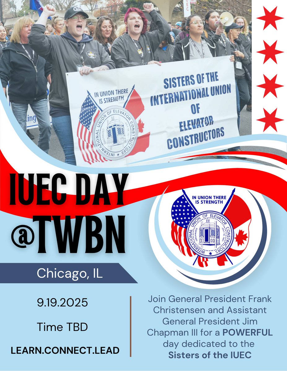 📣 Tradeswomen Build Nations 2025 is coming to Chicago!
🗓️ Sept 19–21
📍 Chicago, IL

IUEC tradeswomen will be there—standing strong, showing up, and lifting each other up.

#TWBN2025 #UnionProud #IUEC #WomenInTrades #SisterhoodInStrength