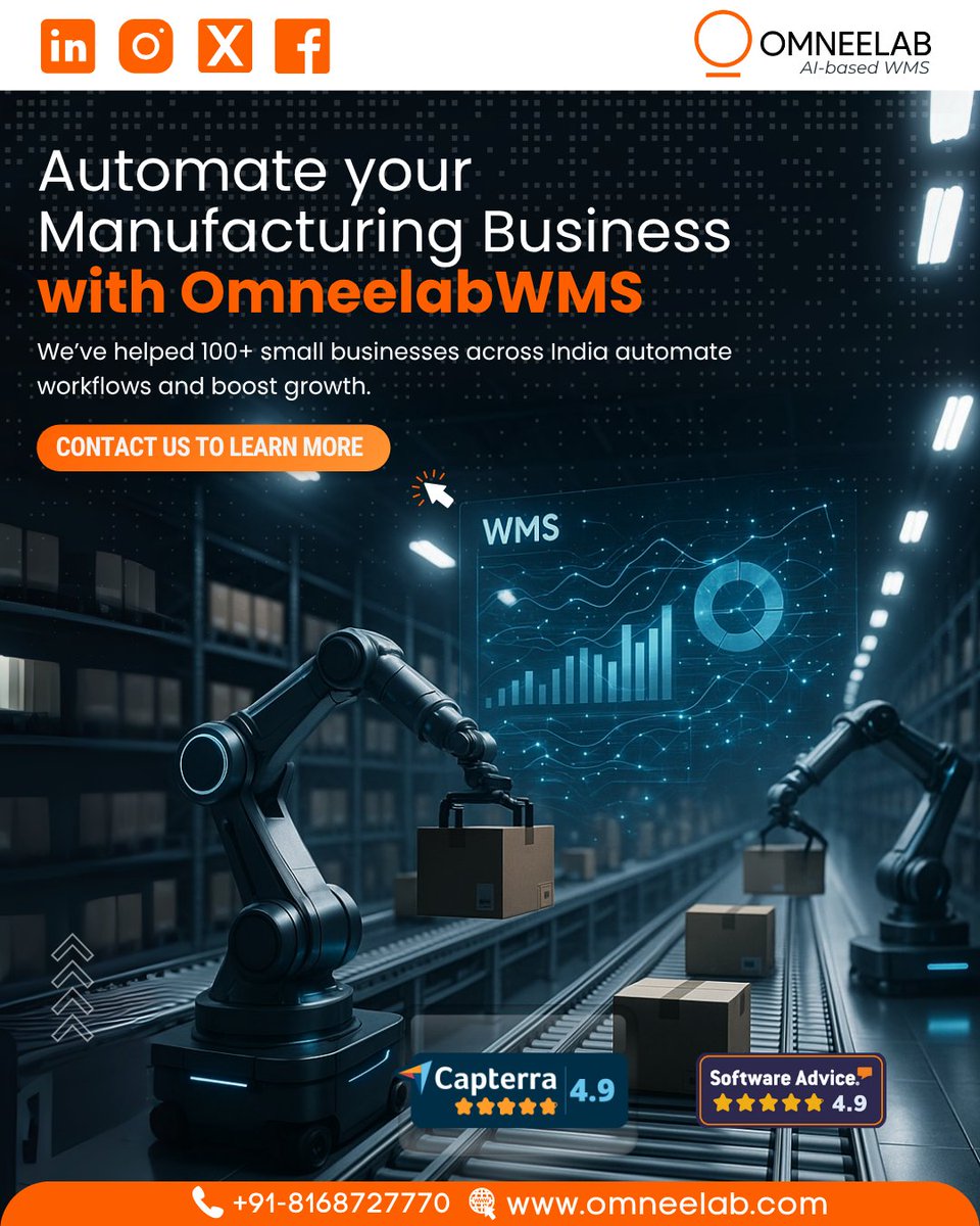 Revolutionize your manufacturing business with OmneelabWMS—trusted by 100+ small businesses across India! Automate workflows, boost efficiency, and drive growth.

Contact: Connect@omneelab.com or schedule a call: calendly.com/schedule-a-cal…
.
#ManufacturingAutomation #OmneelabWMS #AI
