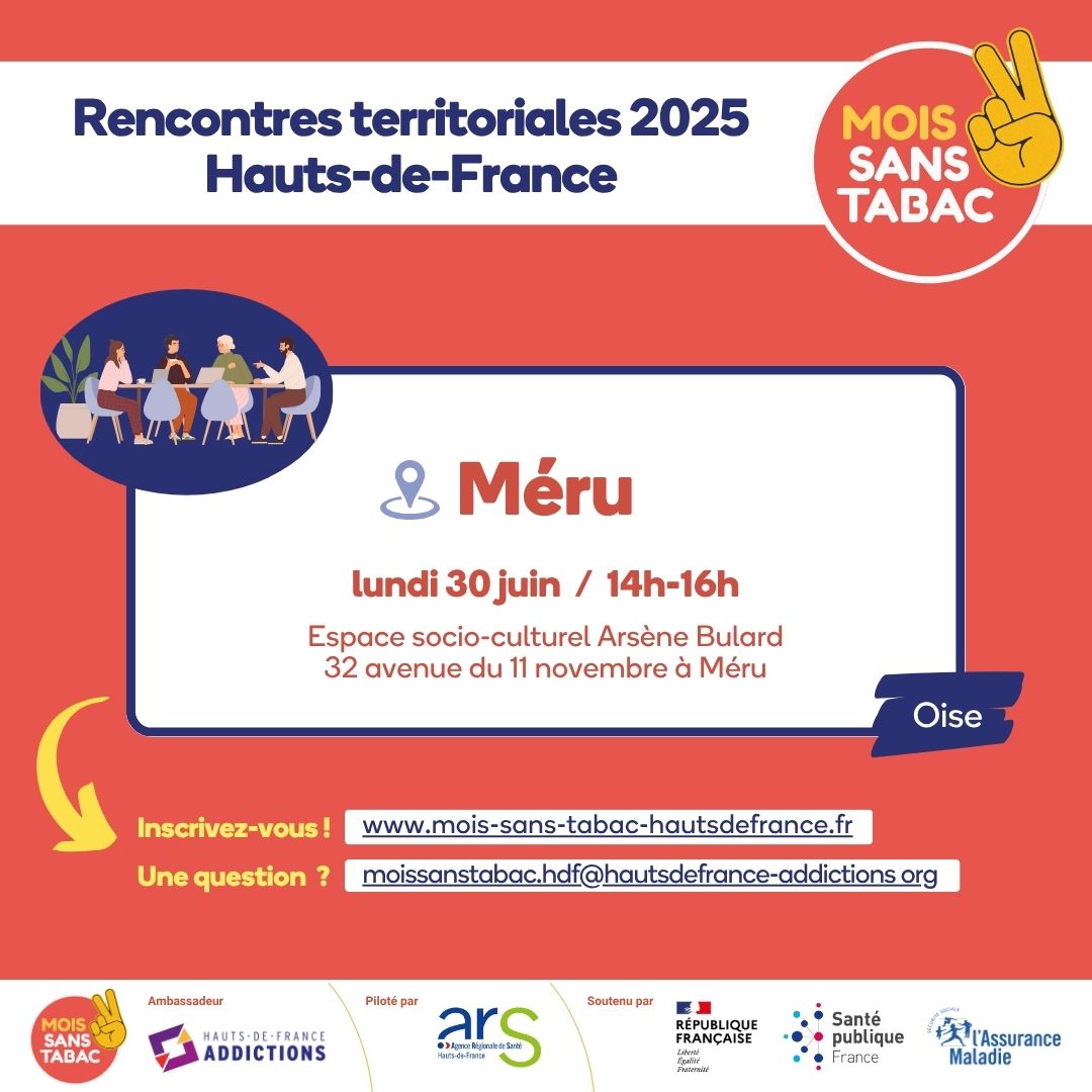 [Rencontre territoriale]

🎉 Nos rencontres territoriales #MoisSansTabac continuent lundi 30 juin à #Meru !

🚭 Échanges, actus, outils, possibilités d'accompagnement...
🎁 Tote-bag pour les participants présents (outils, docs, goodies...)

⏩ mois-sans-tabac-hautsdefrance.fr/19/rencontres-…