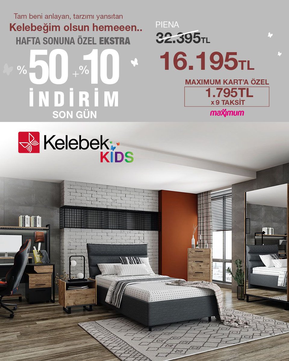Kelebeğim Olsun Hemeeen! 🦋

En Sevilen Kelebek Kids ürünlerinde hafta sonuna özel ekstra %50 + %10 indirim fırsatı Kelebek mağazaları ve kelebek.com 'da sizi bekliyor. 🛋️🛍️

Üstelik Maximum Kart'a özel 9 taksit seçeneği ile. Bu fırsat kaçmaz!

#Kelebek