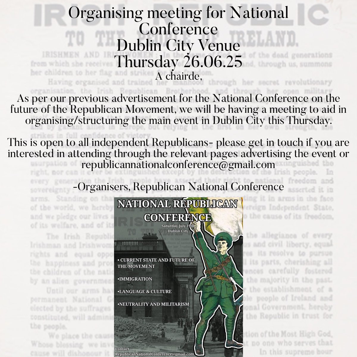 frontapoblacht's tweet image. There will be a meeting among activists on Thursday 26th in Dublin City to plan and structure the upcoming Republican National Conference.
Anyone interested in participating please get in touch as soon as possible via the email provided or on pages advertising the meeting.