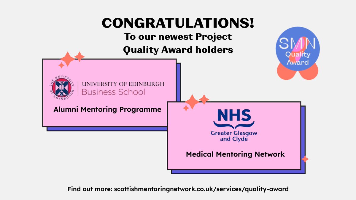 👏 Huge congrats to <a href="/NHSGGC/">NHS Greater Glasgow and Clyde</a>  Medical Mentoring &amp; <a href="/EdinburghUni/">The University of Edinburgh</a> Business School Alumni Mentoring — newest recipients of our Quality Award! 🏅

Find out more: tinyurl.com/zkuux6dv