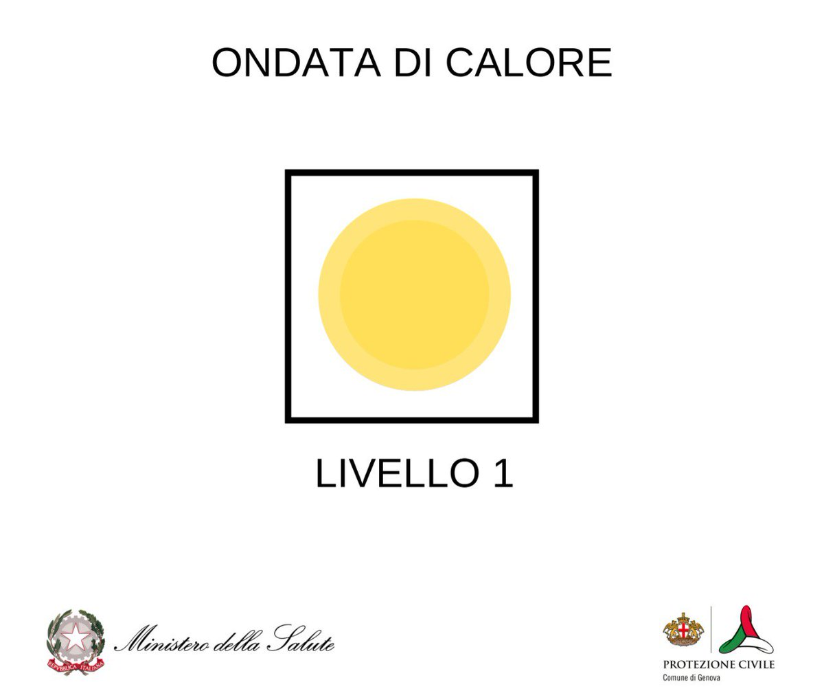 Comune di Genova – Protezione Civile informa: 
🟡ONDATA DI CALORE LIVELLO 1 🟡 per domani e dopodomani 25-26/06/2025
•Non uscire nelle ore più calde
•Consuma pasti leggeri
•Bevi molta acqua
•Fai attenzione alla conservazione di cibo e farmaci
💻comune.genova.it/tutti-gli-argo…