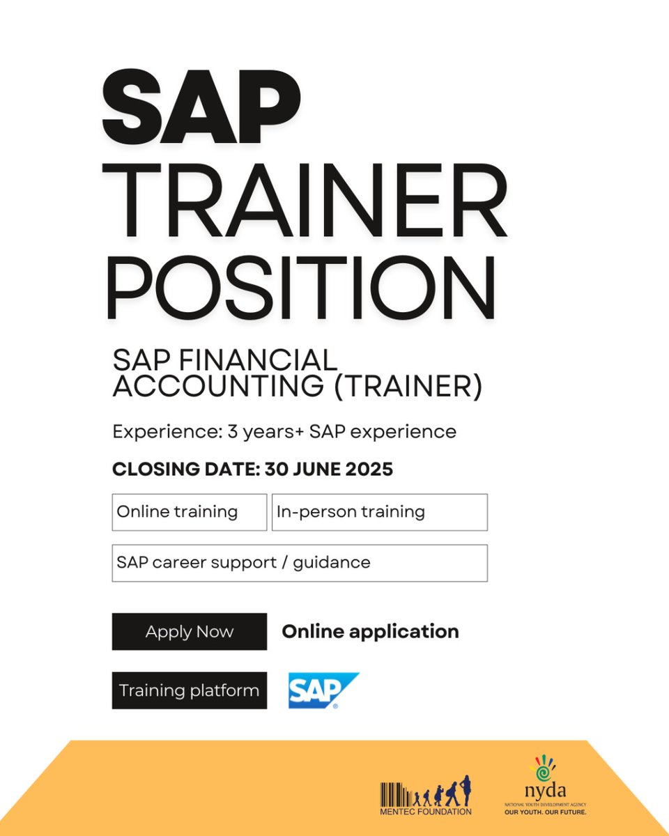 🚨 SAP FINANCIAL ACCOUNTING TRAINER 🚨

Are you an experienced SAP professional with 3+ years of hands-on expertise? Join our team as a SAP Financial Accounting Trainer!

📍 Training Modes: Online &amp; In-Person 

💼 Support: Career guidance and mentorship 

📅 Closing Date: 30 June