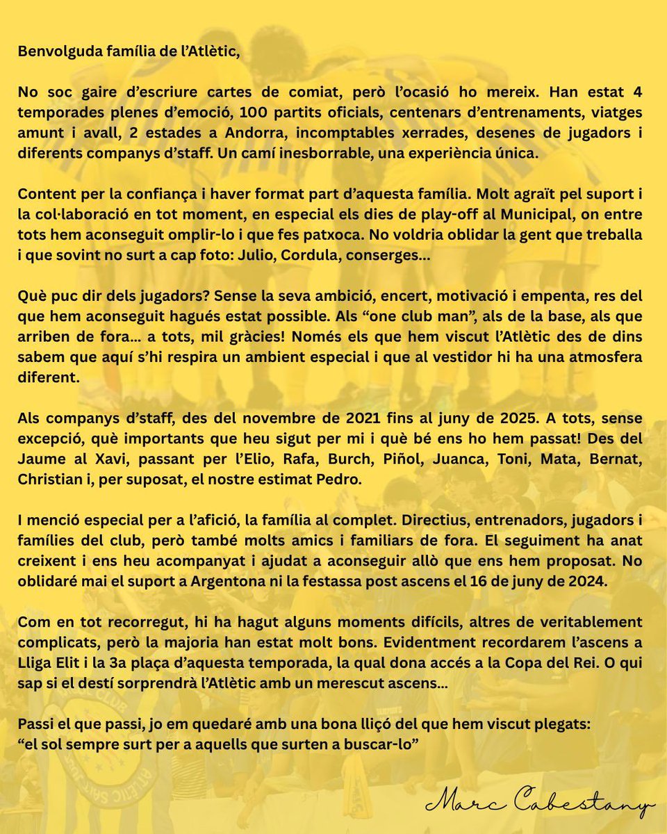 🟡 2021 – 2025 🔵
Poso punt i final a una etapa especial: míster del 1r equip de @atleticsantjustfc. Marxo prop de casa, però els moments viscuts a l’Atlètic ja formen part de mi. Gràcies per aquest viatge i tot el que hem construït junts: futbol, valors i família. Salut i ⚽️!