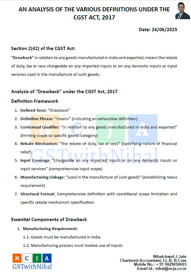 NihalchandJJain's tweet photo. Hi,
Continuing our "Deep Understanding of Definition Series", today we will examine the 42nd definition of the CGST Act, which is section 2(42), which deals with the term "Drawback"
Let's relearn the law from the word go
@GSTwithNihal
#gstwithnihal #gst #idt #drawback #customs https://t.co/OmU2G2gZdv