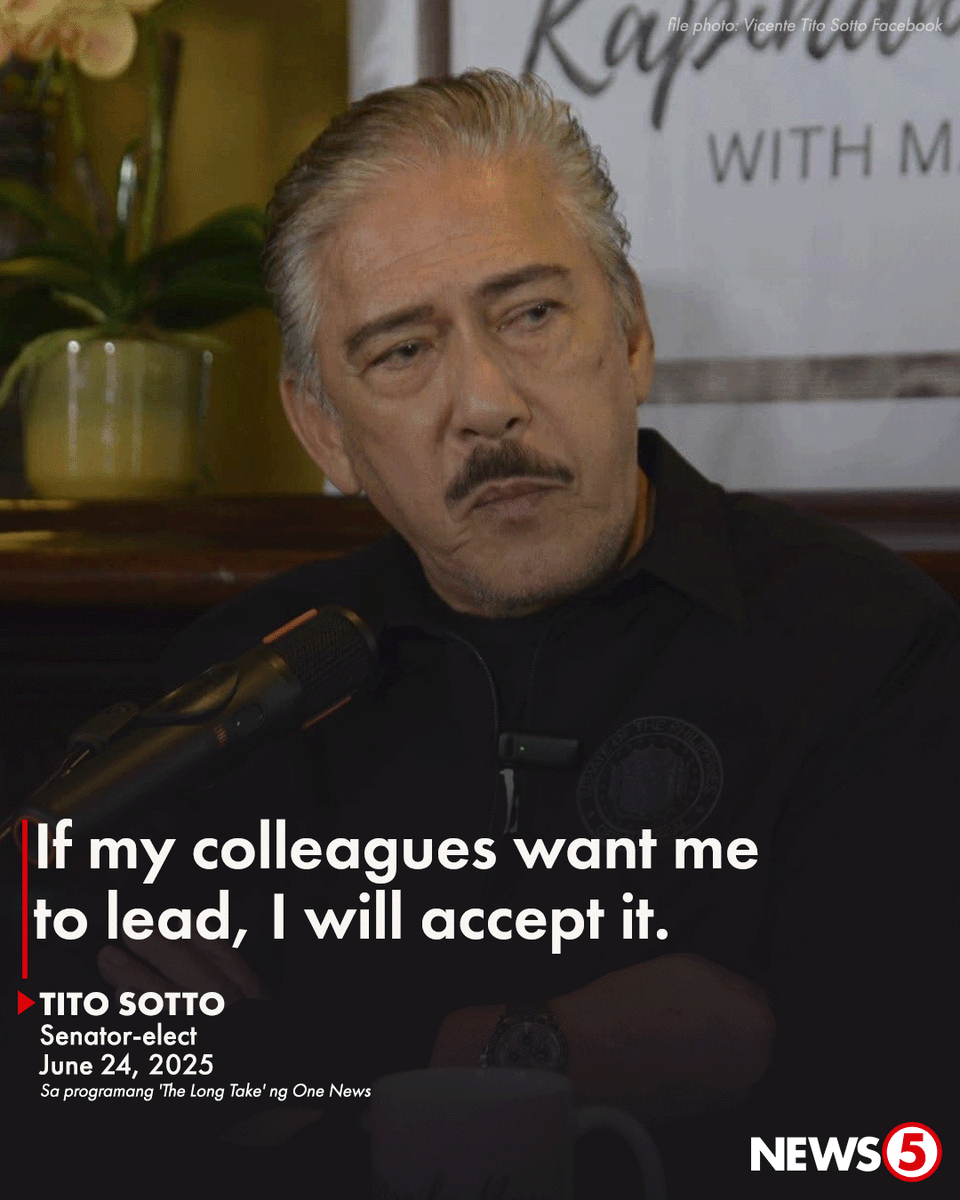 News5PH's tweet photo. SOTTO ON SENATE LEADERSHIP
Bukas si senator-elect Tito Sotto na maging Senate president ulit kung ito ang nais ng kaniyang mga kasamahan sa Senado.
Sa #TheLongTake ng One News, sinabi ni Sotto na sino man ang magiging lider ng Senado sa 20th Congress, titiyakin niyang gagamitin niya ang kaniyang expertise at track record para masigurong maayos ang pagpapatakbo sa Senado.