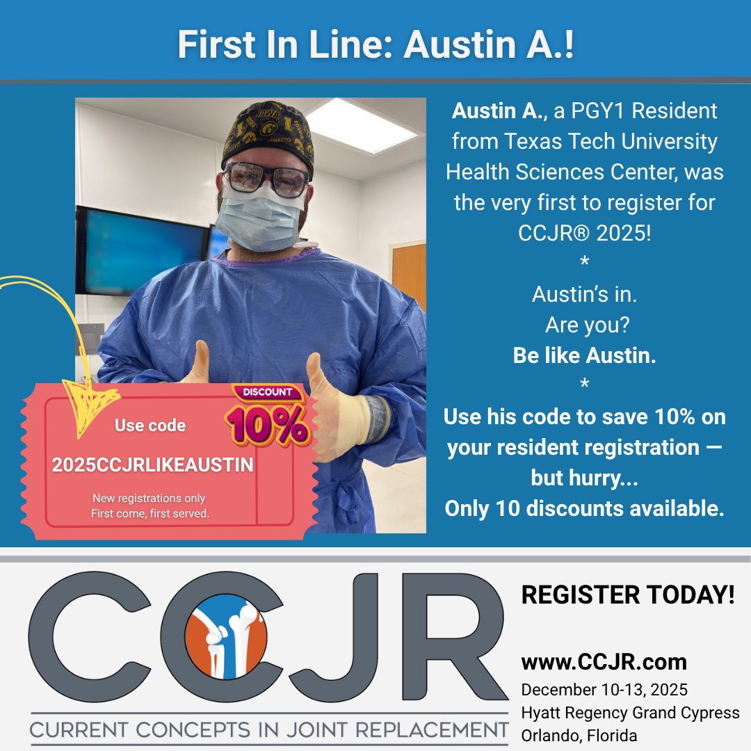 🚨 Resident Alert!
Meet Austin A., a PGY1 from Texas Tech — and the first to register for CCJR® 2025!  We're offering a 10% discount to the first 10 residents who register using the code:
👉 2025CCJRLIKEAUSTIN
Austin’s in. Are you? CCJR.com/registration