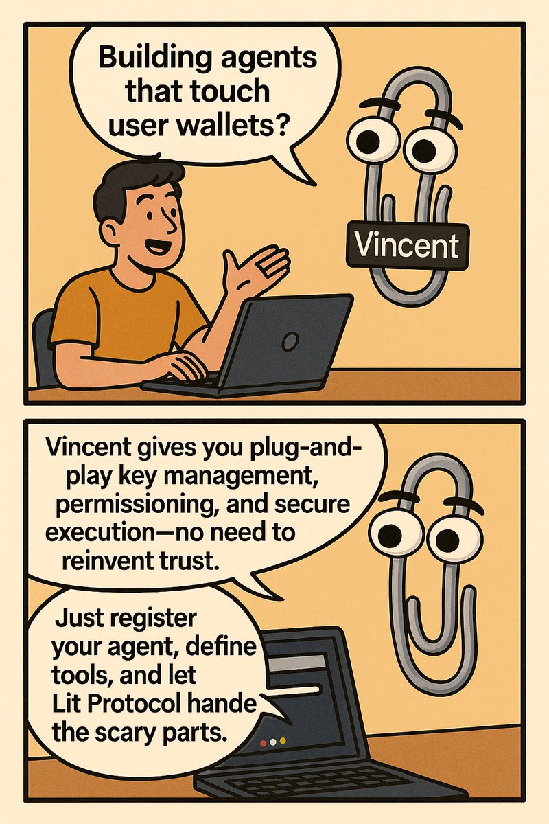Building agents that touch user wallets❓

Vincent gives you plug-and-play key management, permissioning, and secure execution, no need to reinvent trust.

Just register your agent, define tools, and let <a href="/LitProtocol/">Lit Protocol 🔑</a> handle the scary parts.

#LitProtocol #Ai #Agents #Web3