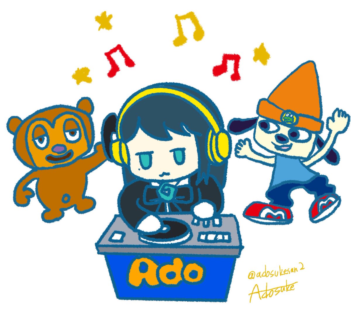 adosukesan2's tweet photo. 全然関係ないけど、ジョージアヘッドホンつけたDJAdoちゃん描いてたら、僕がパラッパラッパー好きなので共演してもらいましたw
#Adoart
#ParappatheRapper
#PJDJ https://t.co/RUY9UP5Nnf