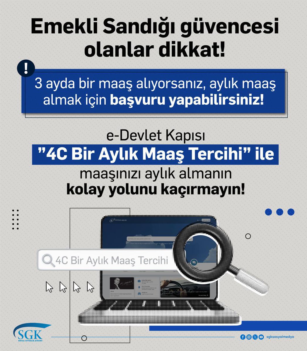 Emekli Sandığı (4C) güvencesine sahip emeklilerimiz, üç ayda bir aldıkları maaşlarını aylık olarak almak istediklerinde, e-Devlet Kapısı üzerinden kolayca başvuruda bulunabilir.
 
🔗turkiye.gov.tr/4c-bir-aylik-m…