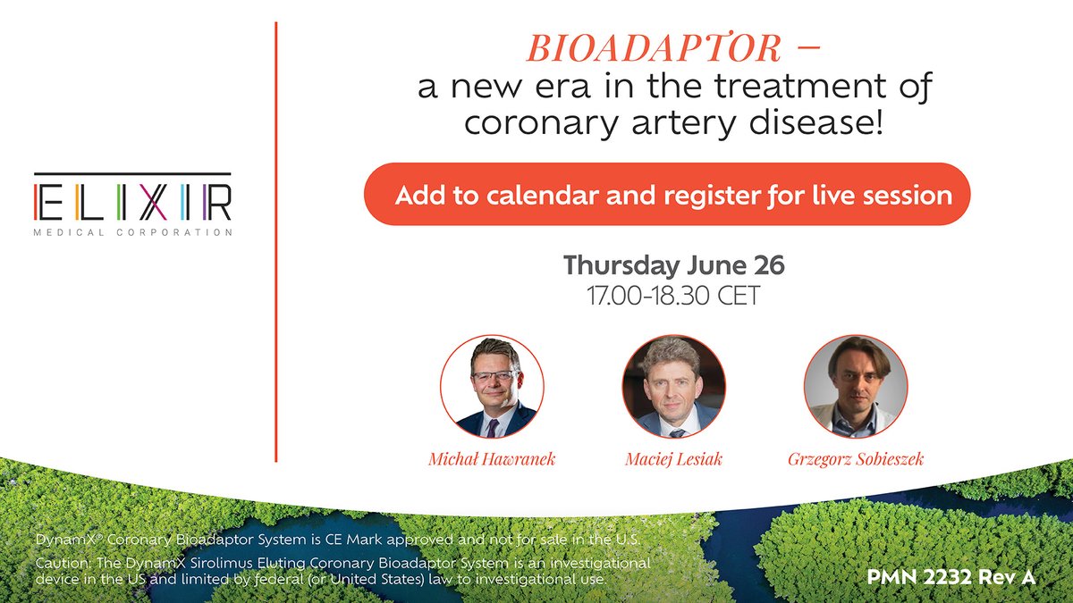 Elixir Medical Corp (@elixirmed) on Twitter photo For Polish physicians: Register today for the case-based discussion on the treatment of Coronary Artery Disease with #DynamXBioadaptor.
We will be joined by the panel of experts
<a href="/HawranekMichal/">Michal Hawranek</a> will be sharing the biggest challenges in PCI today and how the novel mechanism of For Polish physicians: Register today for the case-based discussion on the treatment of Coronary Artery Disease with #DynamXBioadaptor.
We will be joined by the panel of experts
<a href="/HawranekMichal/">Michal Hawranek</a> will be sharing the biggest challenges in PCI today and how the novel mechanism of