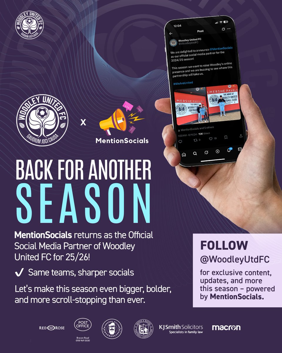 Woodley United FC (@woodleyutdfc) on Twitter photo 🤝 𝐁𝐚𝐜𝐤 𝐟𝐨𝐫 𝐀𝐧𝐨𝐭𝐡𝐞𝐫 𝐒𝐞𝐚𝐬𝐨𝐧
<a href="/MentionSocials/">MentionSocials</a> returns as the Official Social Media Partner of Woodley United FC for 25/26!
✔ Same teams, sharper socials
📱 Let’s make this season even bigger, bolder, and more scroll-stopping than ever.
#WeAreUnited🩵 🤝 𝐁𝐚𝐜𝐤 𝐟𝐨𝐫 𝐀𝐧𝐨𝐭𝐡𝐞𝐫 𝐒𝐞𝐚𝐬𝐨𝐧
<a href="/MentionSocials/">MentionSocials</a> returns as the Official Social Media Partner of Woodley United FC for 25/26!
✔ Same teams, sharper socials
📱 Let’s make this season even bigger, bolder, and more scroll-stopping than ever.
#WeAreUnited🩵