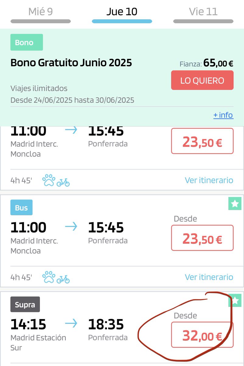 jogyto's tweet photo. @consumidores @Alsa_autobuses @transportesgob lo del dto del 40% está bien pero cuando vas a comprar billete que cambie el precio si seleccionas el bono de 10 a si no lo seleccionas no debe ser legal, mismo viaje día 10 Julio misma hora distinto precio 32 sin bono 44,17 con bono https://t.co/yTAl7bDCBA
