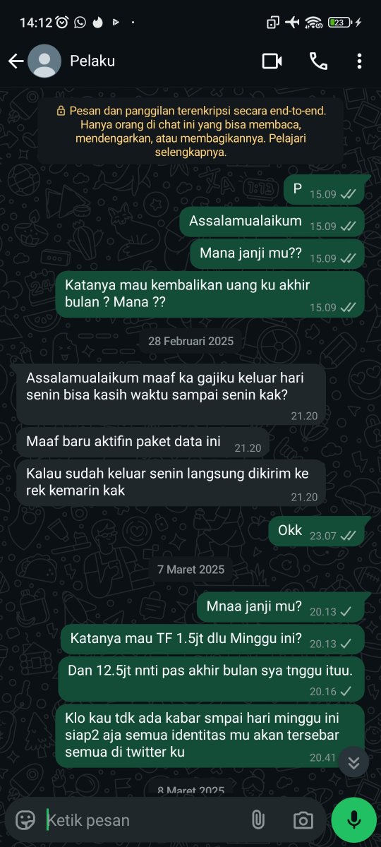 Si pelaku wa kembali katanya mau lunasi uang yg di bawa kabur. Nyata nya smpai saat ini tdk ada itikad baik untuk kembalikan uang. Sya tdk ada pernah posting foto mu disini smpai HAK KU DI KEMBALIKAN