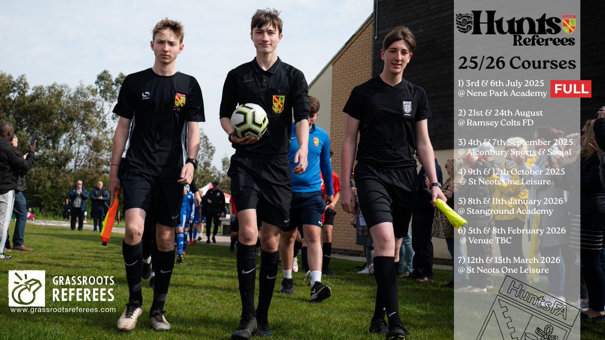 With our Nene Park course now full, if you would like to become a referee take a look at our other dates...huntsfa.com/referees/devel…
