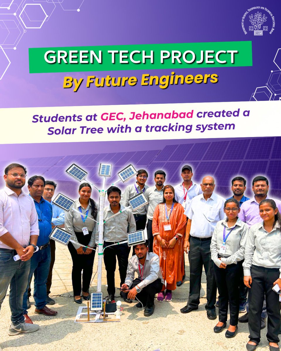 DSTTEBihar's tweet image. Students of GEC Jehanabad showcased impressive Green Tech models, with the solar-powered Solar Tree (with tracking tech) being the star!

A smart step toward sustainability &amp;amp; real-world solutions. 

#GECJehanabad #GreenTech #SolarTree #TechnicalEducation #BiharEducation