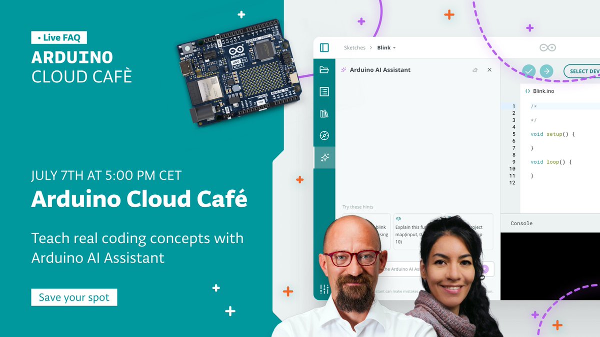 Join us on July 7th for our next Arduino Cloud Café! Learn how educators and makers are saving time and building smarter with the new AI Assistant in Arduino Cloud. Featuring live demos, expert tips, and a special Q&amp;A!

Register now: streamyard.com/watch/pgPSRhMB…