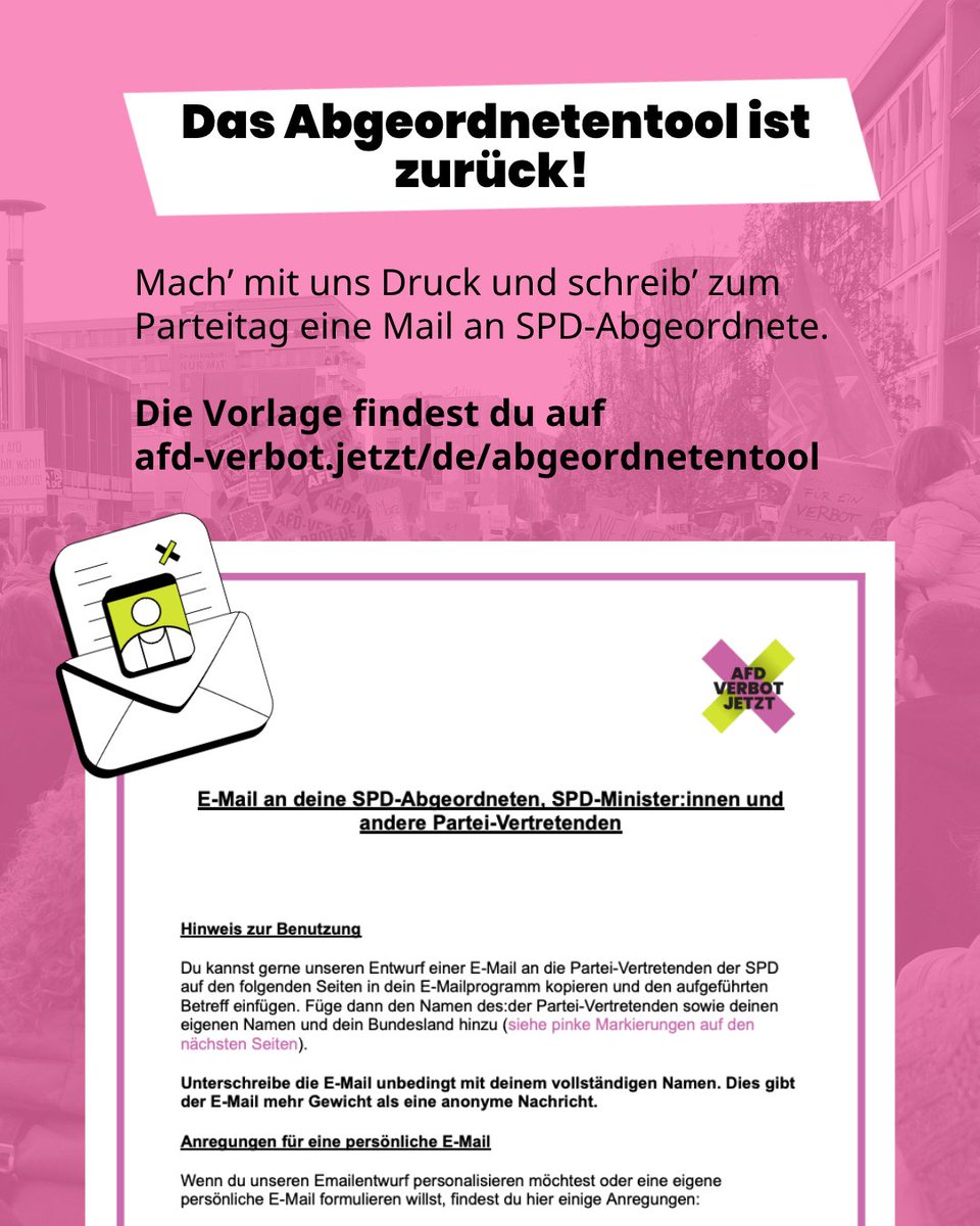Lasst euren Worten Taten folgen! Stellt euch geschlossen hinter das #AfDVerbotJetzt! Das fordern wir am Samstag, 28.06. beim #SPDParteitag ✊

Von 7:30-11 Uhr versammeln wir uns am CityCube #Berlin, informieren über das Verbot und sprechen mit Abgeordneten. Seid mit uns laut📣