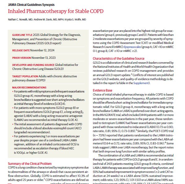 🧵Inhaled Pharmacotherapy for Stable COPD (JAMA, 2025) basado en la actualización GOLD 2025 🫁🔥
🎯 Objetivo: optimizar el manejo inhalado de la EPOC estable
👨‍⚕️👩‍⚕️Lo esencial de la terapia inhalada en EPOC 2025.
🧵👇
🧬 1. ¿Qué es EPOC estable?
🔹 Es la EPOC fuera de exacerbación.