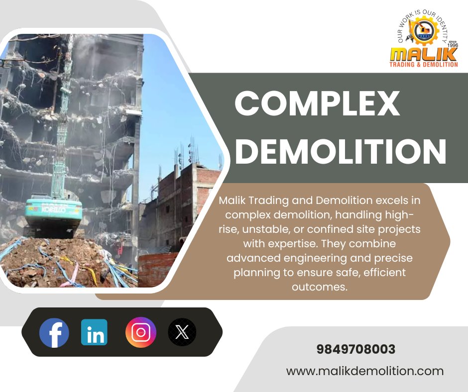 MalikDemoli96's tweet image. Malik Trading and Demolition specializes in complex demolition projects involving high-risk structures, confined spaces, and sensitive environments.#ComplexDemolition
#TechnicalDemolition
#HighRiskDemolition
#DemolitionExperts
#ControlledDemolition