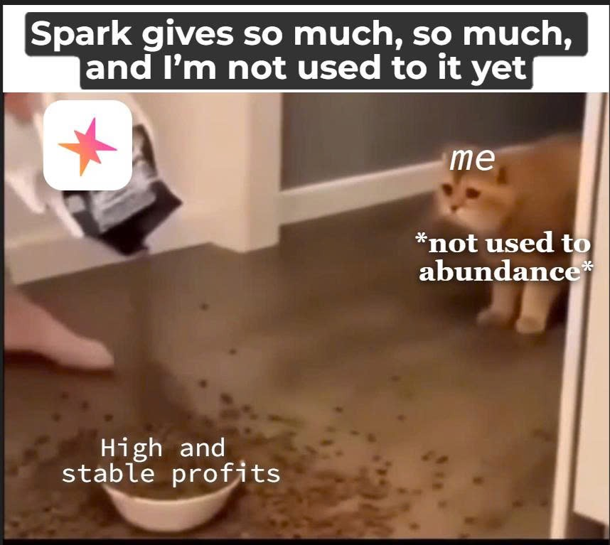 Trathoa's tweet photo. Spark dumped 8.75% APY and 31.6M SPK on me, and Iโm still not used to it! ๐ @sparkdotfi 24/06/2025 07:04 PM #SparkDeFi #TooMuchRich @cookiedotfun https://t.co/Us4i4Razqa