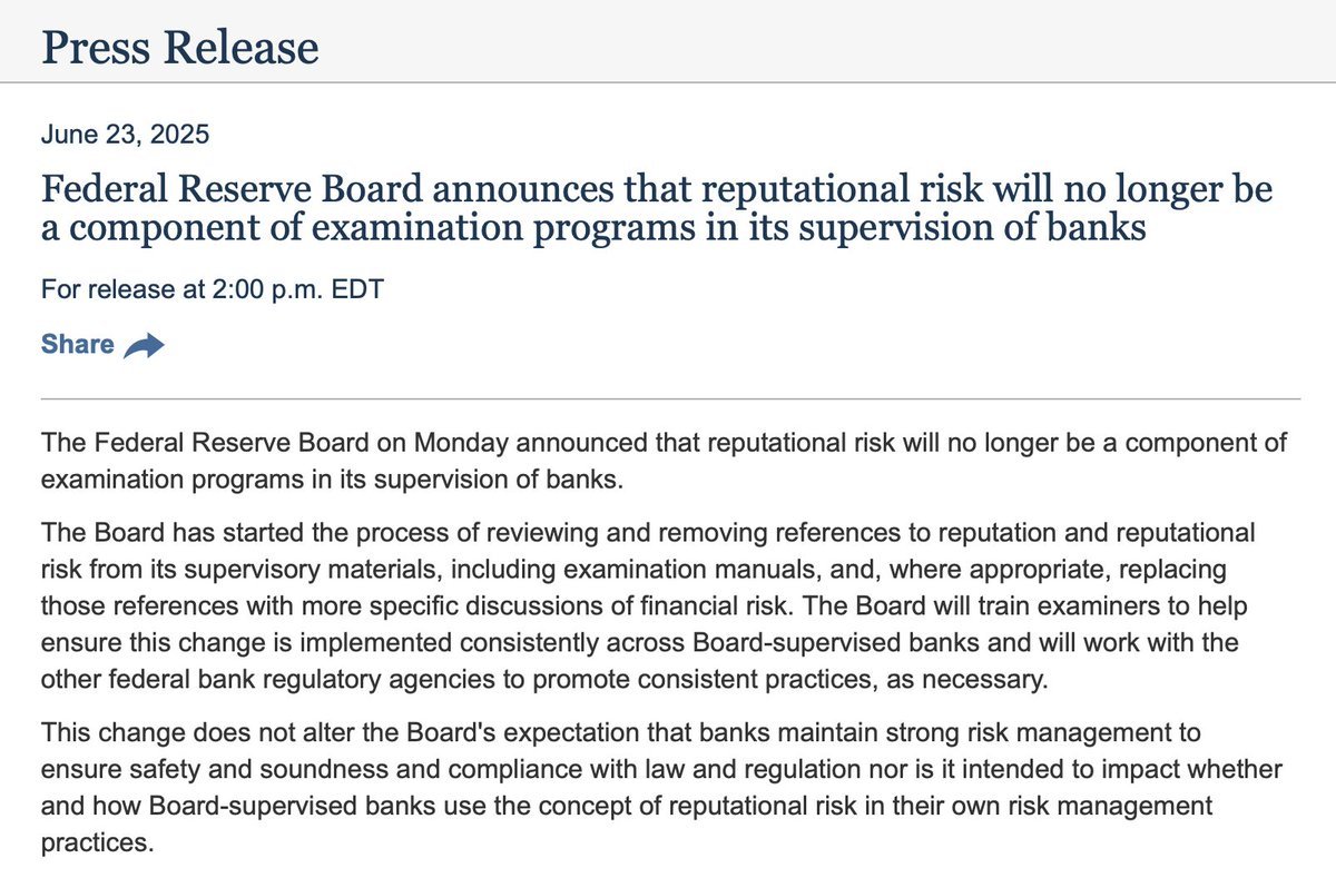 🇺🇸The Federal Reserve to scrap "reputational risk" as a component of bank exams.

No more de-banking for holding Bitcoin or having the "wrong" opinions.
